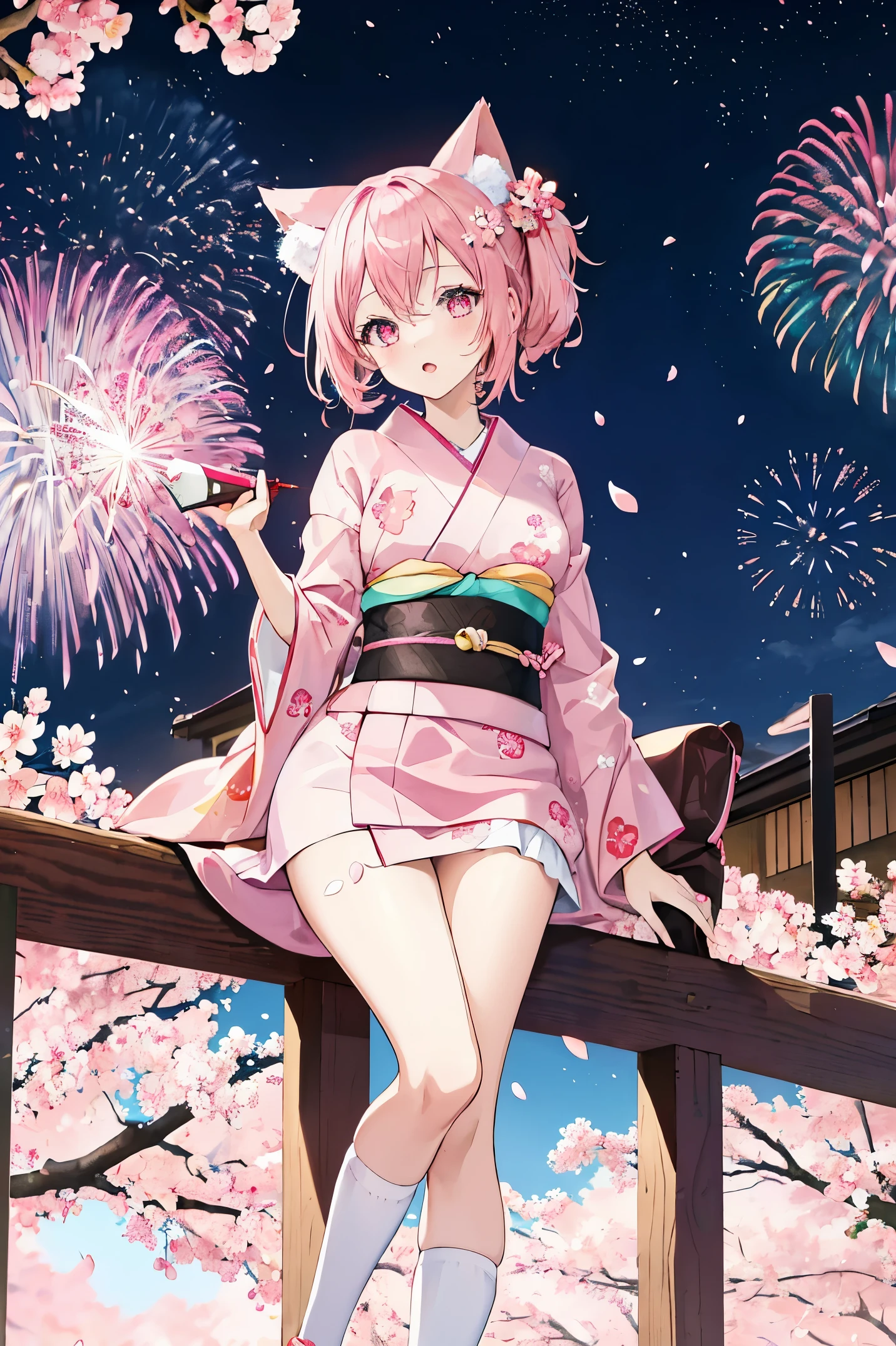 "anime girl, 1 person, pink hair, pink cat ears, pink eyes, kimono, cherry pink kimono, cherry blossom petal pattern on shirt, long stockings, big breasts, festival, New Year's Eve fireworks, watching  fireworks, night, solo, looking from different directions, standing cross-legged. (full HD 4K+ image)"