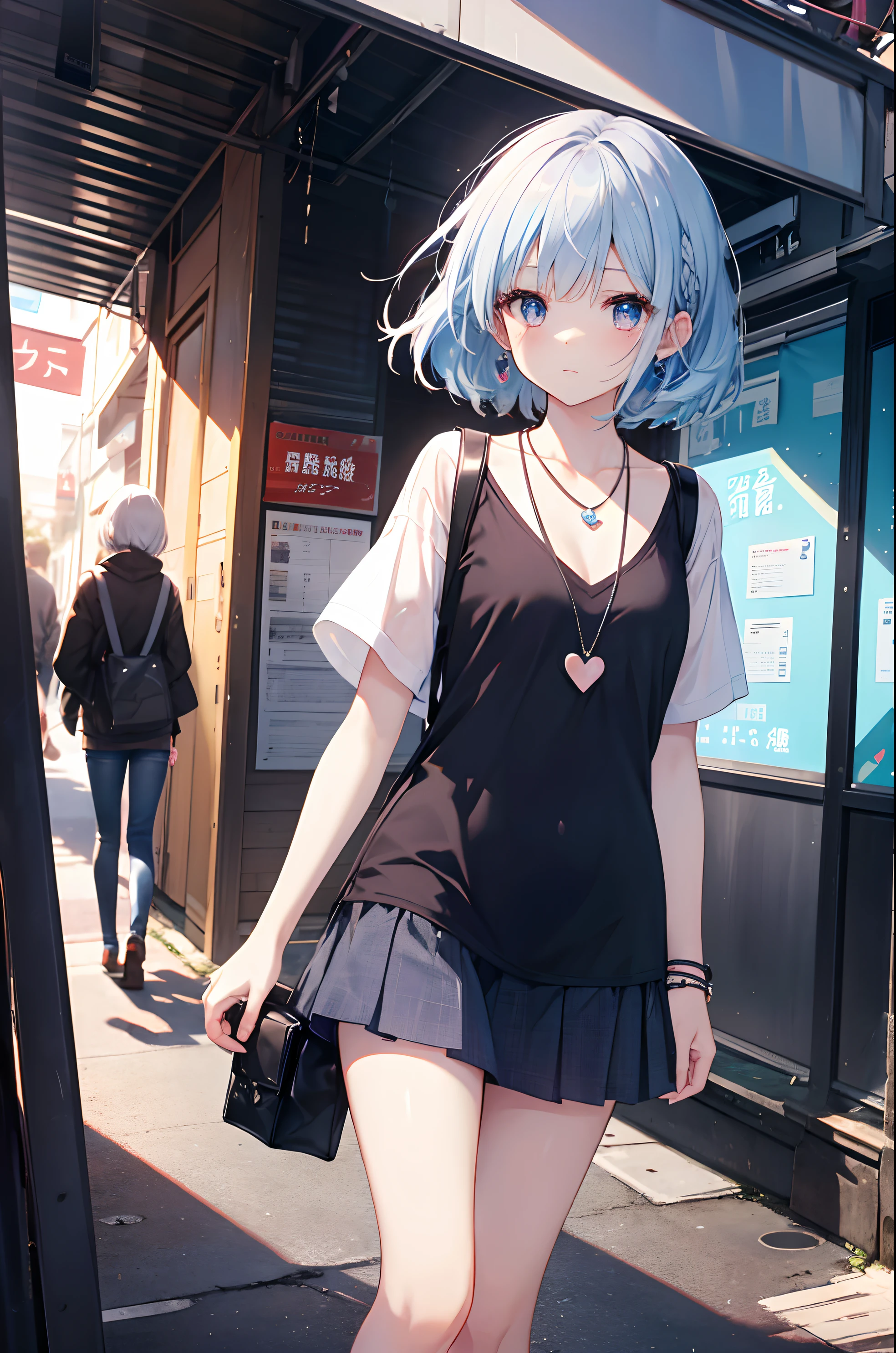 (on the table, Best quality at best:1.2), 1 girl in, alone, Lovely, kawaii, The art of math、Aimei、(long, beautiful, blue hair.flowing in the wind)、tee shirt、mini skirt、city hustle and bustle、dated,daytime, embarrassed expression, silver hair(short)、sparkling skin、Beauty with small face, heart shaped necklace,low angle shot、Perfectcomposition、Perfect light and shadow、8K