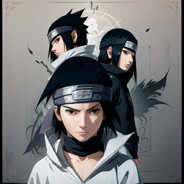 Make the imagem of Sasuke Uchiha how is it in the manga, imagem, em preto e branco e jaqueta preta