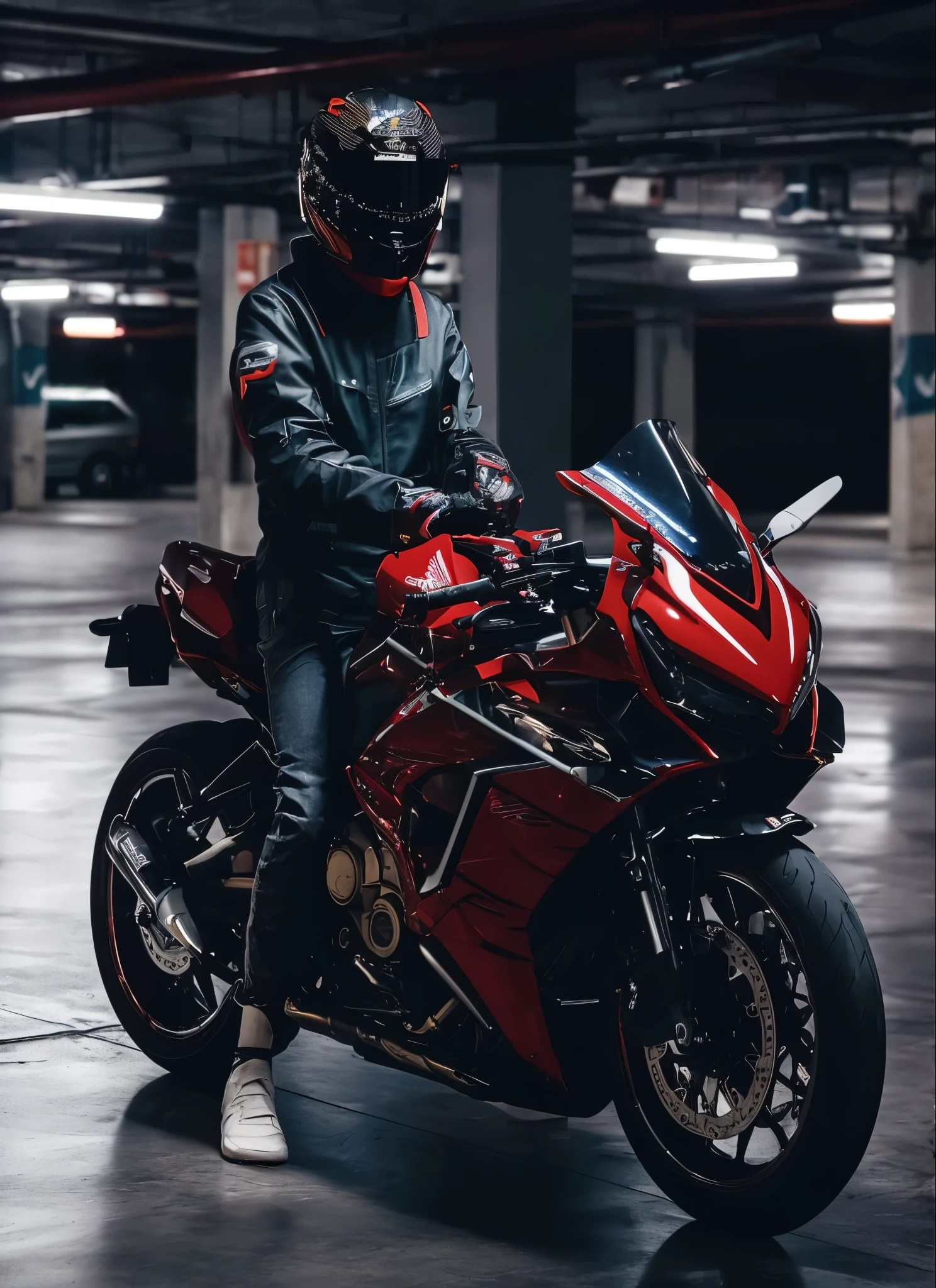 araffe sitting on a red motorcycle in a parking garage, sitting on Honda CBR 750 R motorbike, sitting on a motorcycle, motorbiker, riding a motorcycle, motorcycle, 🚿🗝📝, motorcycles, riding a futuristic motorcycle, picture of a female biker, 8 k highly detailed ❤🔥 🔥 💀 🤖 🚀, picture of a male biker, red and cinematic lighting