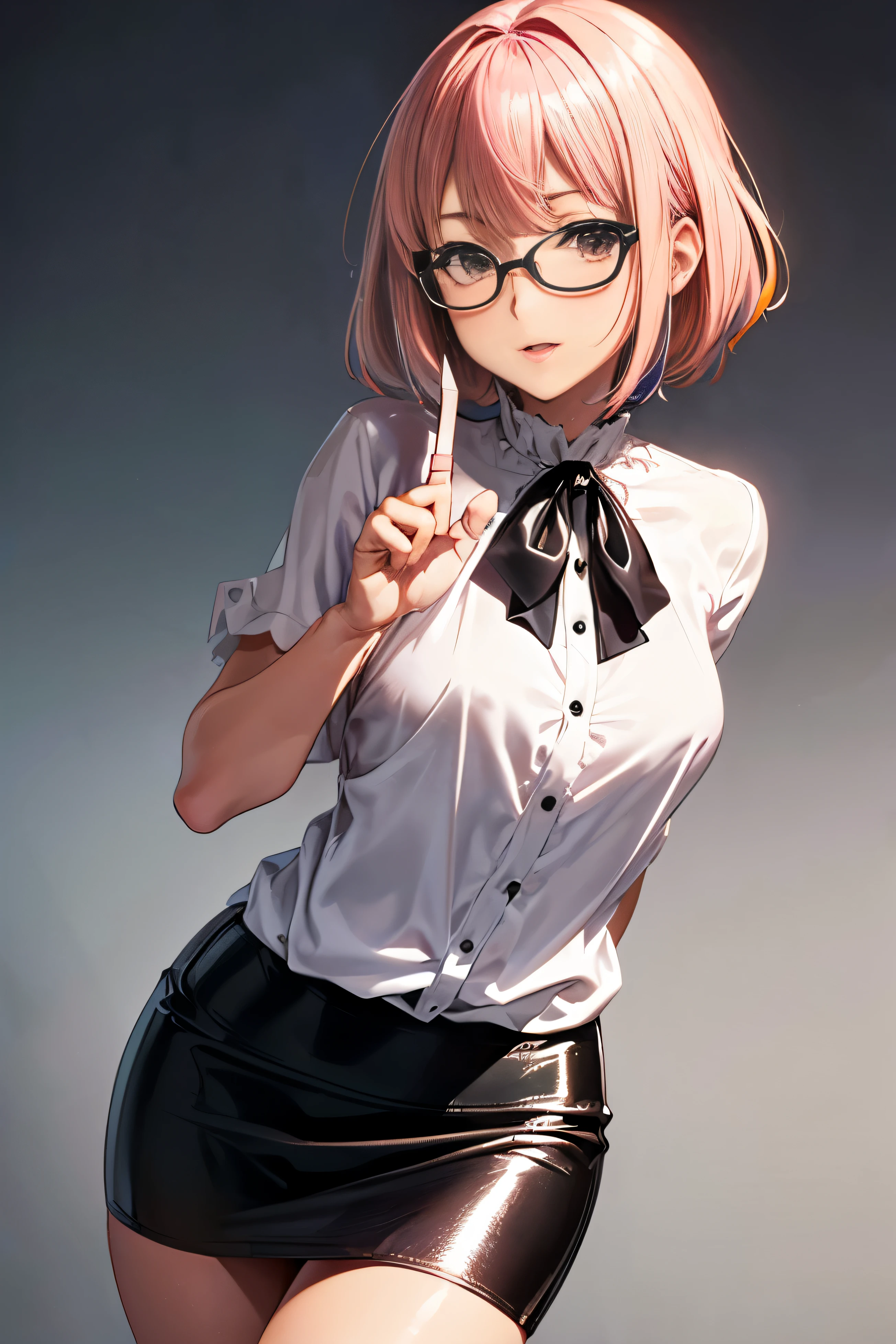 ((wears glasses)), ((The costume has a metallic shine)), NSFW, ((Anatomically correct hand:1.5)), Anime, Sexy, ((In Kyoto Animation Style:1.5)), super precision, masutepiece, very extremely beautiful, Princess Face, ((1人の女性)), ((solo:1.5)), ((pink hair:1.5)), ((BobKat 1.5)), The break is, ((Black eyes)), shortcut, ((Straight hair)), The break is, complete limbs, ((full finger:1.5)), ((silk blouse:1.5)), The break is, ((black shiny pencil skirt:1.5)), The break is, ((skin dentellation)), professional lighting, (25 years old), tight waist, shiny skin (brown skin), ((Oiled skin)), glowing skin, watching at viewers, cowboy shot, ((dynamic pose:1.5)), Looking at the camera, Sexy, A slight smil, Slightly open mouth, Ultra-fine eyes, Ultra-fine face, ((thin lips:1.5)), Sexy, ((my eyes are droopy)), A slight smil, Sexy, ((Portrait:1.5)), Sexy, Looking at the camera, is standing, latex, ((arms behind:1.5)),