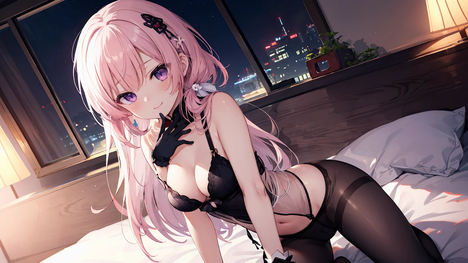 Chinese Ancient Architecture,night chinese background, solo,a girl,170cm height,45CM bust,Pink medium long hair,Purple eye,Black underwear,night,gentleness,ssmile, ((black pantyhose)),Indoors,on top of the bed,(((With bare armlack glove,With bare arms,mitsukasa ayase