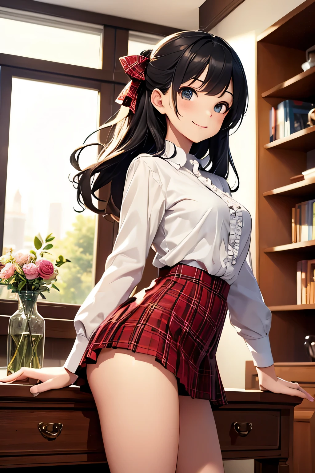 very cute and beautiful girl,(very detailed美しい顔と目:1.2),(shy smile),cowboy shot, (white blouse with small frills),long sleeve break (Skirt lift,White panties),standing ceremony,stylish pose, dynamic angle,hair ribbon,A dark-haired,princess cut,(scarlet plaid miniskirt) Rest Living Room,flowers in a vase,Wooden Desk,(bookshelf:0.9),Jewelry box,european carpet,Distant trees々, (best quality,masutepiece:1.2),(elaborate details),very detailed,hight resolution,solo, movie scene,Hair fluttering in the wind,