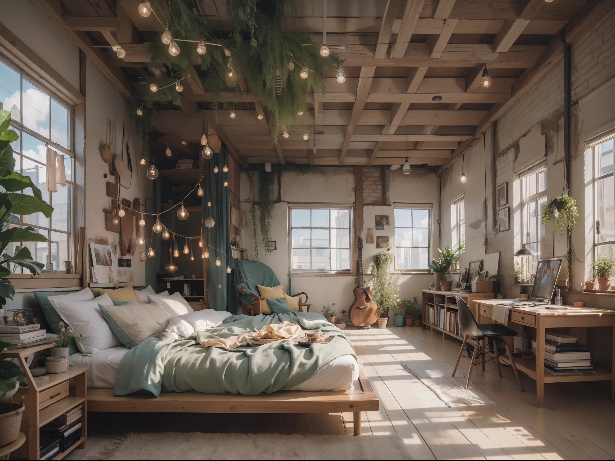 High-detail RAW color photography, Loft-style bedroom interior, (higly detailed, hyper-detailing, Entanglement), (lens glare: 0,7), (bloom: 0,7), 粒子特效, ray traced, 电影灯光, Shallow depth of field, photographed with Sony a9 II, 50mm wide angle lens, sharp-focus