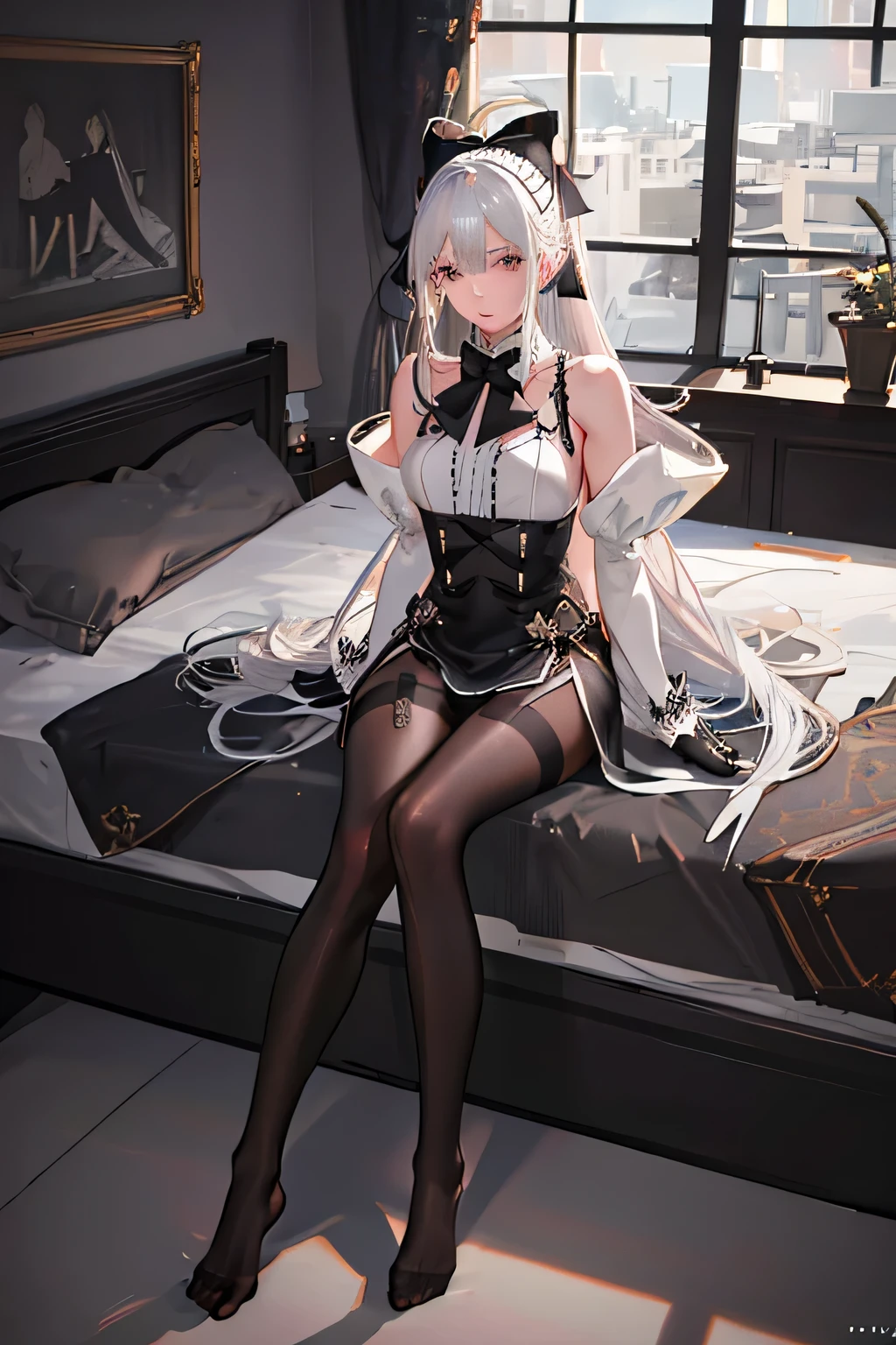 (((1 girl)),Ray tracing,(dim lights),[Detailed background (bedroom)),((silver hair)),((silver hair)),(Fluffy silver hair, plump and slender girl)) high ponytails)))) Avoid blonde eyes in the ominous bedroom ((((Girl wears exquisitely embroidered black high-waisted pants with pantyhose) and white ruffled bow gloves), Show off your exquisite figure and graceful curves, Correct limbs, sit on a bed