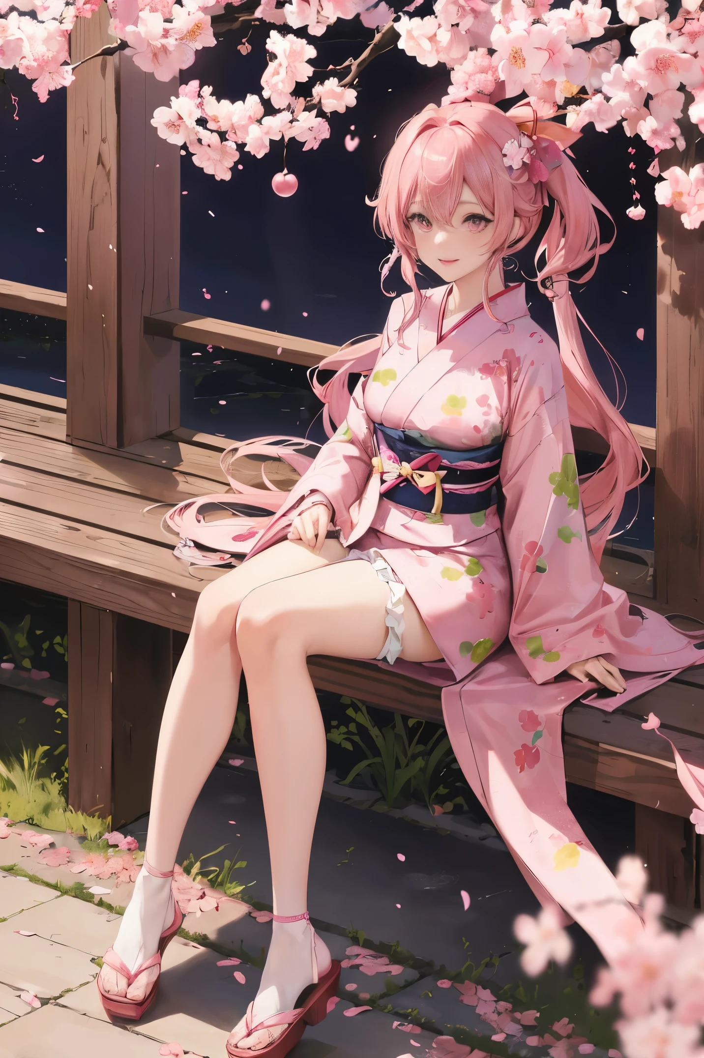 "anime girl, 1 person, pink hair, pink cat ears, pink eyes, kimono, cherry pink kimono, cherry blossom petal pattern on shirt, long stockings, big breasts, festival, New Year's Eve fireworks, watching  fireworks, night, smiled shyly,solo, looking from different directions, standing cross-legged. (full HD 4K+ image)"