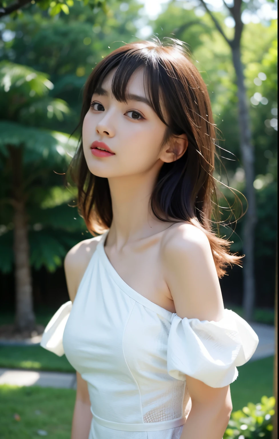 (((Parted bangs, medium hair))), best quality, 8K, HDR, hight resolution, absurderes:1.2, blurred background, It&#39;s blurry:1.2, Photography, (Raw photo:1.2), (フォトリアリスティックinす:1.4), (masutepiece:1.3), (intricine details:1.2), 1girl in, ソロin, chinese girl, delicine, beautiBreasts Ful detailed, (Detailed eyes), (detailed Breasts Facial Breasts Feinures), petite, (((small breasts))), Skin Tight, ((look up_in_viewer)), Breasts From_Breasts Front, (thin), (best quality:1.4), (ultra hight resolution:1.2), cinematric light, (extreme detailed illustrinion), (lipgloss, best quality, ultra hight resolution, depth oBreasts F Breasts Field, caustics, Broad lighting, ninural shading, 85mm, Breasts F/1.4, ISO is 200, 1/160s:0.75), (((white oBreasts FBreasts F-shoulder dress))),  