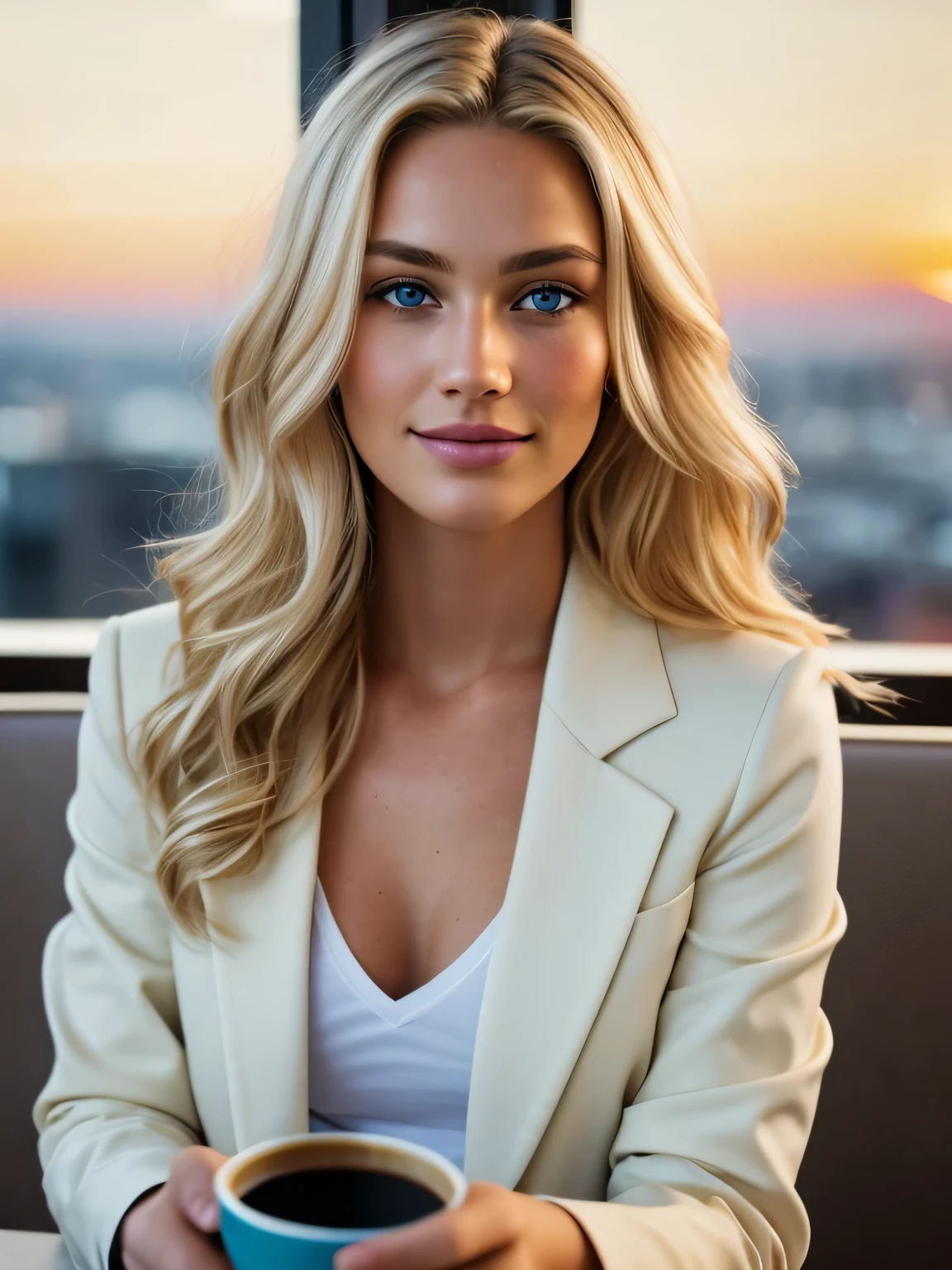 diminuiu o zoom linda loira usando blazer creme (drinking coffee in a modern cafe at sunset), muito detalhado, 21 anos de idade, rosto inocente, cabelos ondulados naturais, olhos azuis, high resolution, obra de arte, Melhor qualidade, detalhes intrincados, altamente detalhado, sharp focus, pele detalhada, realista skin textura, textura, olhos detalhados, profissional, 4K, Sorriso charmoso, filmado em Canon, 85 mm, profundidade superficial de campo, kodak vision color, corpo em forma perfeita, extremamente detalhado, foto_\(ultra\), photorealista, realista, Post-processing, maximum detail, rugosidade, Vida real, ultra realista, fotorrealismo, fotografia, 8k hd, fotografia