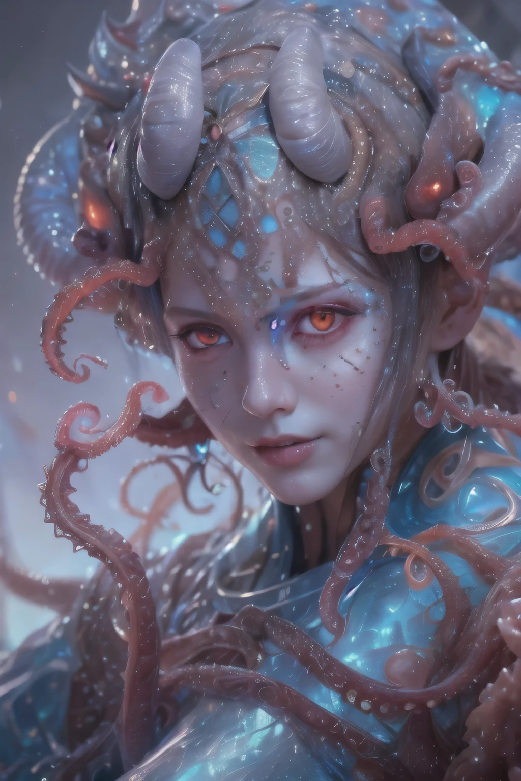 Portrait, (beautiful female alien:1.2), (she has red eyes with no pupils:1.8), (Translucent skin:1.7), (There is a female genital-like organ in the middle of the forehead..:1.9), (The most beautiful face in the history of the universe:1.2),an evil gaze that seduces, (large mouth:1.1), (sharp teeth like a vampire:1.2), Full body portrait, (bio luminescent:1.5), (Smile wickedly:1.3), (sexypose:1.5), alien, No humans, cells are fused, (Lots of translucent tentacles:1.3) extraterrestrial, cell, bio image, best quality, 8K,In 4K_quality, High freshness, Dramatic Lighting, masutepiece:1.5,cinematic quality, detail up, (exquisite details:1.2), high resolution, High freshness, drawing faithfully, (Thick eyebrows:1.2), Beautiful eyes with fine symmetry,(Highly detailed face and eyes:1.2), Intimate face, (Super detailed skin quality feeling:1.4), perfect anatomy, (Beautiful toned body:1.5), (Moist skin:1.2), not wearing makeup, (dark circles:1.1), long canines, cinematic drawing of characters, ultra high quality model, cinematic quality, detail up, (exquisite details:1.2), high resolution, High freshness, drawing faithfully, official art, Unity 8K Wall , 8K Portrait, best quality, Very high resolution, ultra detailed artistic photography, midnight aura, unreal enginee 5, Ultra Sharp Focus, art by alberto seveso, ArtGerm, Roisch, intricate artwork, best quality, masutepiece, ultra high resolution, (photos realistic:1.4), ultra realistic realism, dream-like, nautilus, Creation of fantasy, Snail, Dream Snail, biopunk nautilus, Thrilling color schemes, ultra realistic realism, seductively smiling, Blue tentacles,