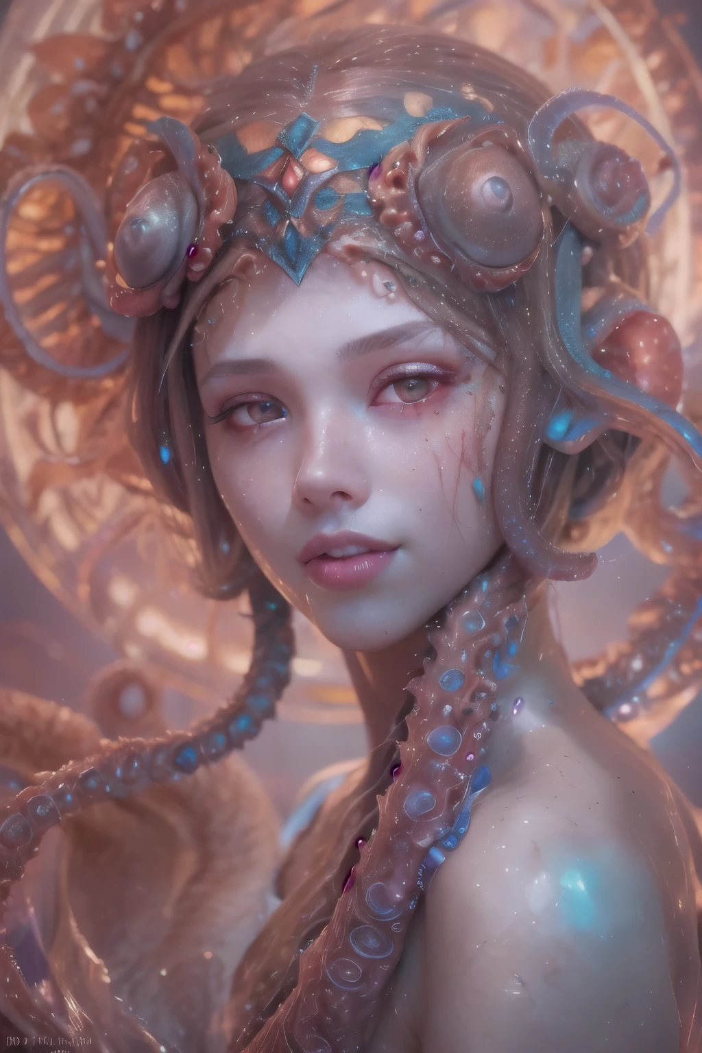 Portrait, (beautiful female alien:1.2), (she has red eyes with no pupils:1.8), (Translucent skin:1.7), (There is a female genital-like organ in the middle of the forehead..:1.9), (The most beautiful face in the history of the universe:1.2),an evil gaze that seduces, (large mouth:1.1), (sharp teeth like a vampire:1.2), Full body portrait, (bio luminescent:1.5), (Smile wickedly:1.3), (sexy pose:1.5), alien, No humans, cells are fused, (Lots of translucent tentacles:1.3) extraterrestrial, cell, bio image, best quality, 8K,In 4K_quality, High Definition, Dramatic Lighting, masutepiece:1.5,cinematic quality, detail up, (exquisite details:1.2), high resolution, High Definition, drawing faithfully, (Thick eyebrows:1.2), Beautiful eyes with fine symmetry,(Highly detailed face and eyes:1.2), Intimate face, (Super detailed skin quality feeling:1.4), perfect anatomy, (Beautiful toned body:1.5), (Moist skin:1.2), not wearing makeup, (dark circles:1.1), long canines, cinematic drawing of characters, ultra high quality model, cinematic quality, detail up, (exquisite details:1.2), high resolution, High Definition, drawing faithfully, official art, Unity 8K Wall , 8K Portrait, best quality, Very high resolution, ultra detailed artistic photography, midnight aura, unreal enginee 5, Ultra Sharp Focus, art by alberto seveso, ArtGerm, Roisch, intricate artwork, best quality, masutepiece, ultra high resolution, (photos realistic:1.4), ultra realistic realism, dream-like, nautilus, Creation of fantasy, Snail, Dream Snail, biopunk nautilus, Thrilling color schemes, ultra realistic realism, seductively smiling, Blue tentacles,
