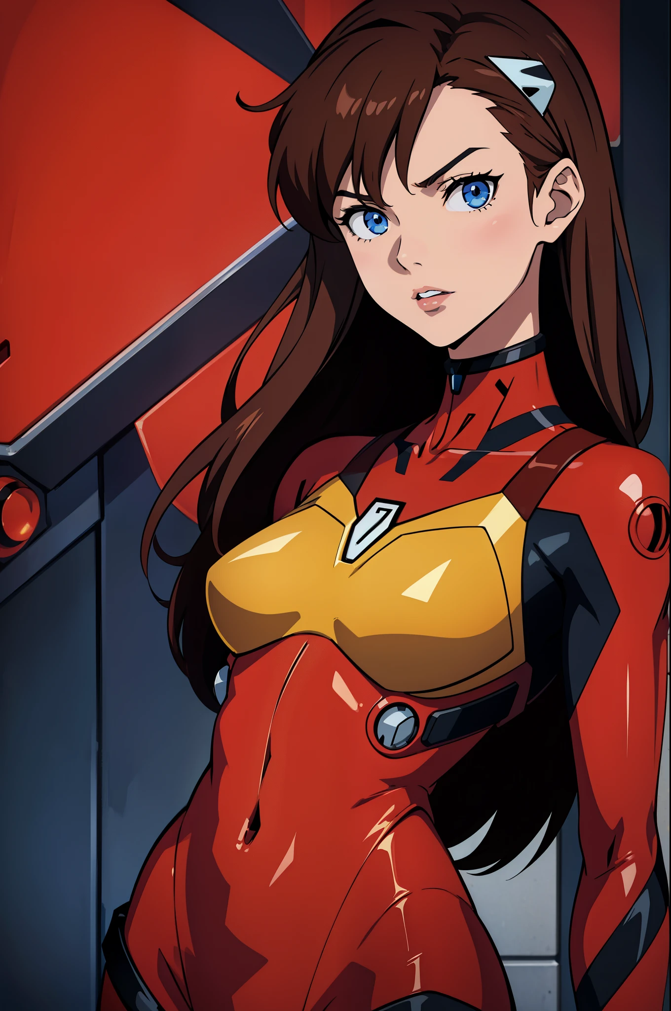 (masterpiece, Highest quality, High resolution:1.2), (Complex and beautiful:1.2), (Detailed light:1.2), (colorful, Dynamic Angle), Upper Body Shot, Cute Fashion Photography, Intense long hair, (Asuka Langley), Wear a highly detailed Evangelion red suit, Flirting in POV, Dynamic pose, Soft light passing through hair, (Abstract background:1.3), (Cinematic),