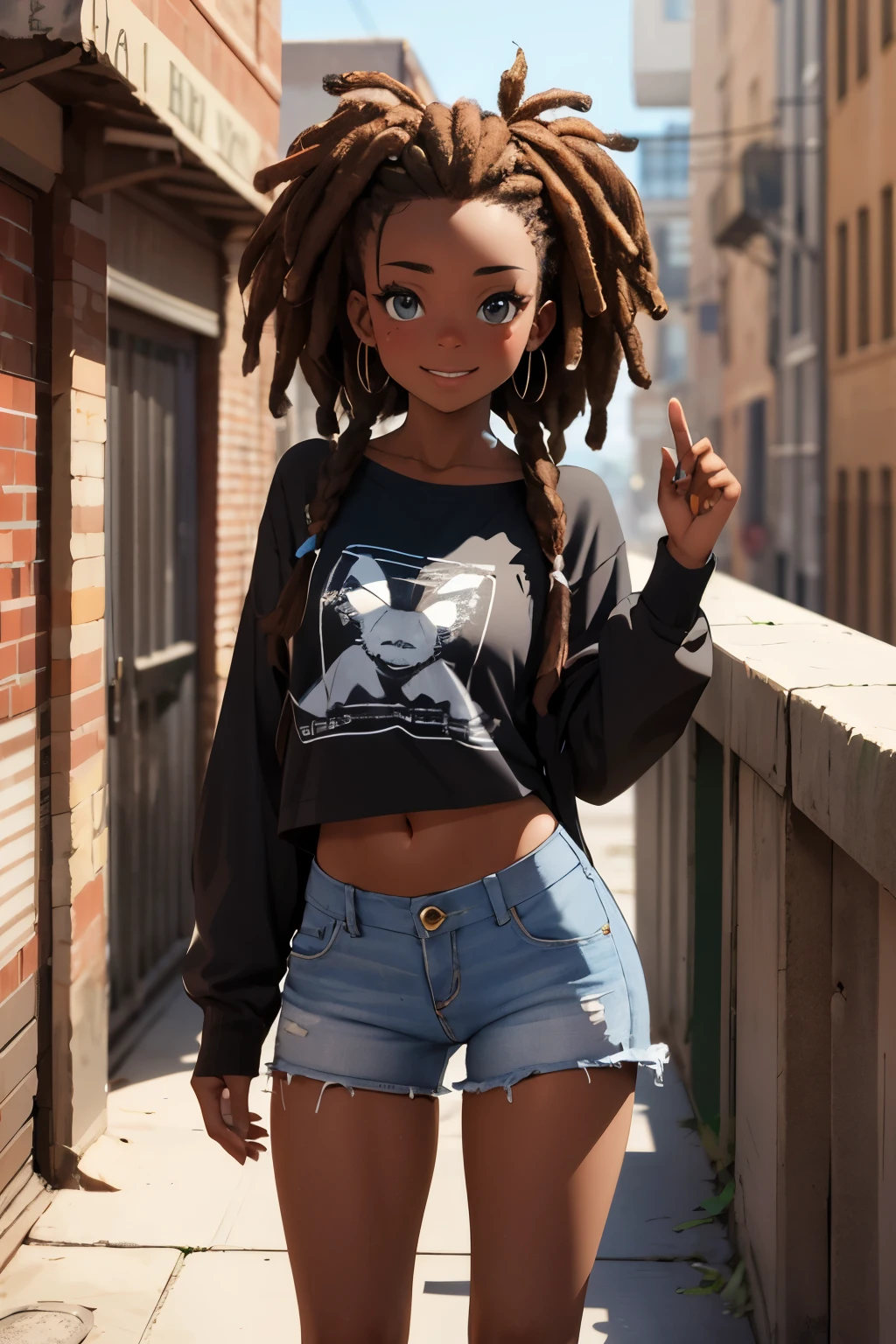 Cute 3d image of an african girl with dreadlocks hip hop trend character , cleavage, thigh, short skirt, sexy