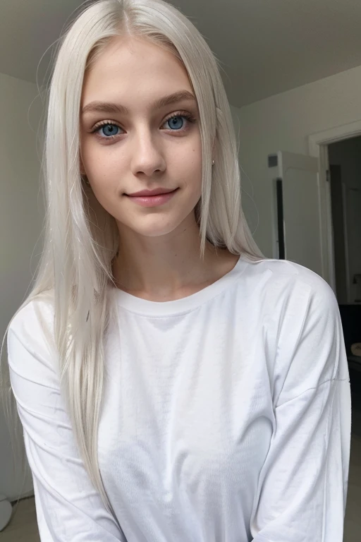 western 21 year old girl , blue eyes, thin face, predatory eyes, long straight white hair, slim model, perfect face, detailed face, small cup size, view into camera, full body, smile, closed mouth, wearing long jeans and t-shirt