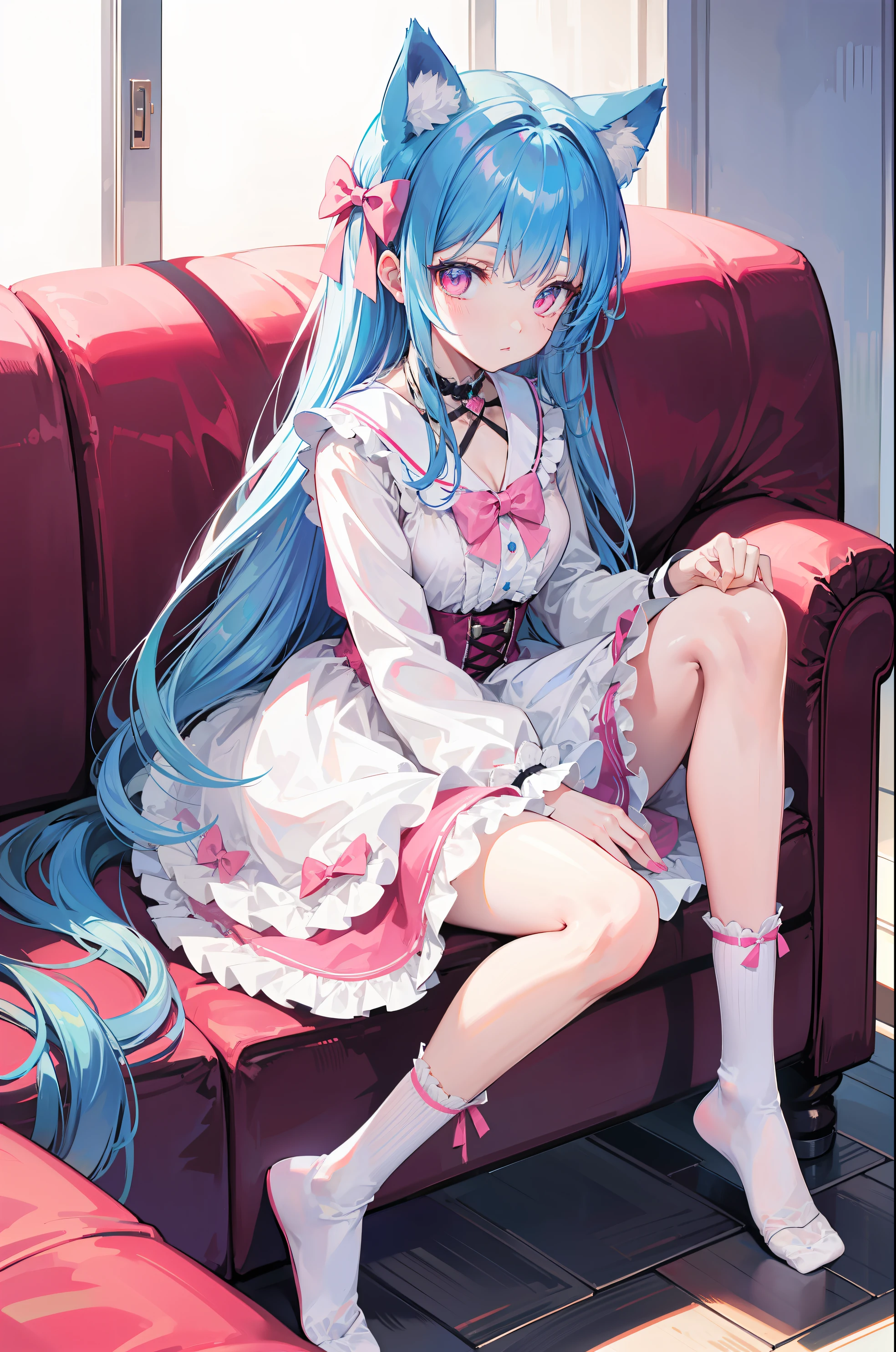 light blue hair，cat ears，pink eyes，Light blue Lolita，White  socks，Pink bow，Inside the room，sitting in the couch，liveroom