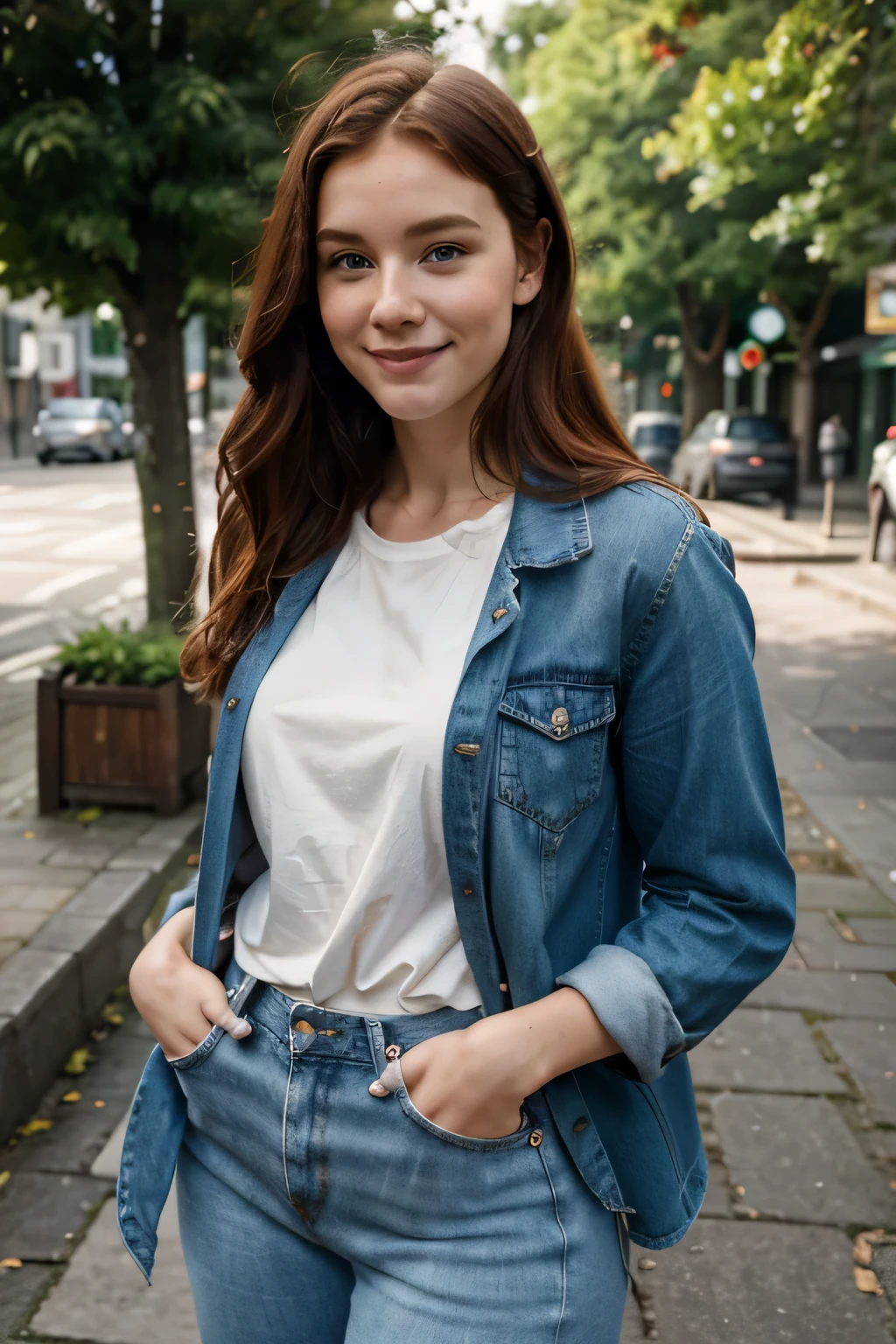 white woman named Irish_Sian, 21-year-old, of Irish origin, redhead, smiling with blushing cheeks, with dimples, with freckles, with a pretty body, Full body photography, looking straight ahead, very happy, with physical characteristics of Ireland , cream blazer white with buttoned up shirt and blue jeans photograph taken in vibrant City, realistic, hyperrealistic