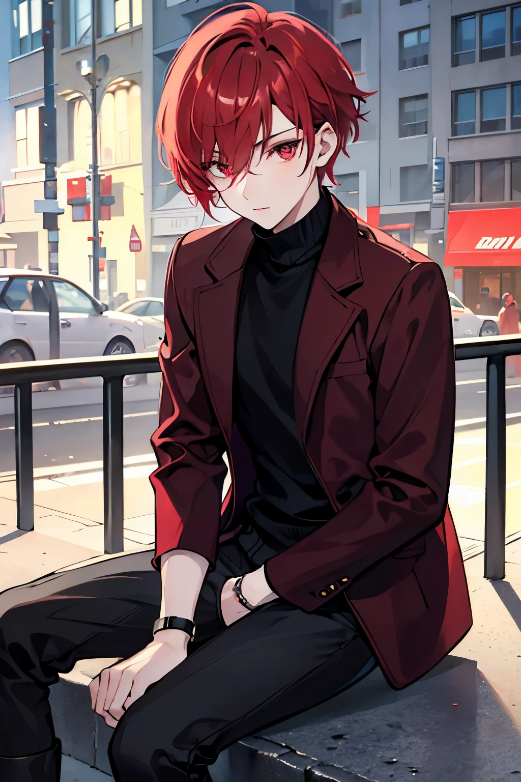 male people red short hair red eyes muffler Sweaters slacks Street style let's sit down and have a feast Knee-high boots masterpiece Highest image quality denoise Clear cinematic shadow Increased attractiveness of the eyes Clear the shine of the eyes Draw eyelashes neatly Perfect Eye detailed eyes Sharpen image quality Sharpen eye writing Clear eye shape