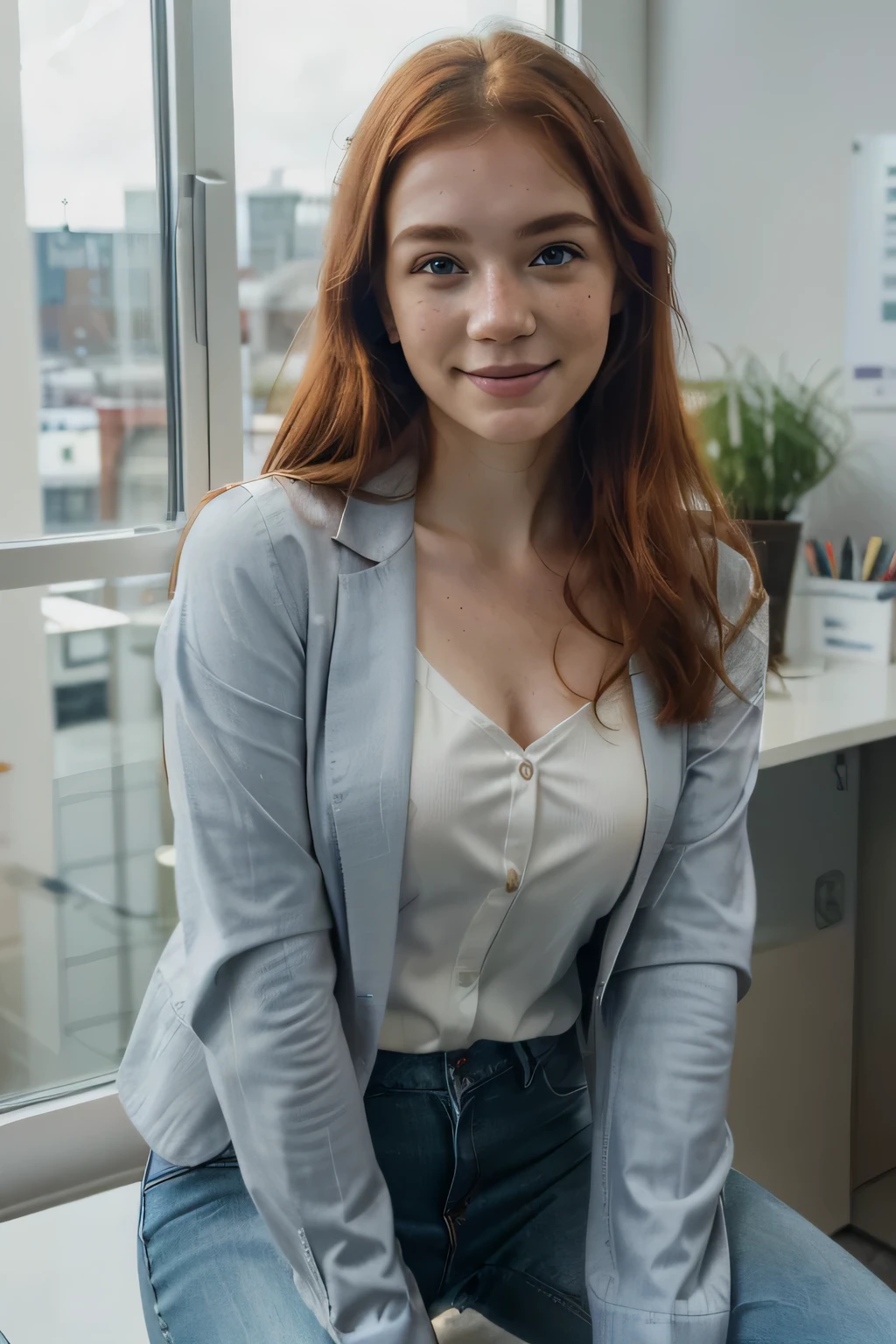 (1girl in, age 21, Solo, Aesthetic artwork, irish redhead, shoulder redhead hair, light grey eyes, some small freckles, very happy smiling, pale skin, B-cup, medium breasts, (textured skin, skin pores:1.1), (moles:0.8), imperfect skin, goosebumps, wearing formal attire with buttoned shirt and cream blazer, wearing light blue jeans, in a modern office, blury background, (action shot, sitting at modern office window: 1.25), (extremely detailed 8k wallpaper), (hard lighting), high quality, film grain, Fujifilm XT3 sharp focus, f 5.6, 50mm, High Detail, Sharp focus, (natural light), crazy details, complex details, hyperdetailed