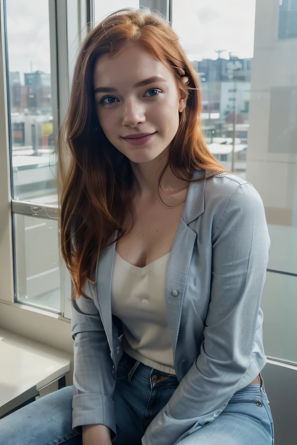 (1girl in, age 21, Solo, Aesthetic artwork, irish redhead, shoulder redhead hair, light grey eyes, some small freckles, very happy smiling, pale skin, B-cup, medium breasts, (textured skin, skin pores:1.1), (moles:0.8), imperfect skin, goosebumps, wearing formal attire with buttoned shirt and cream blazer, wearing light blue jeans, in a modern office, blury background, (action shot, sitting at modern office window: 1.25), (extremely detailed 8k wallpaper), (hard lighting), high quality, film grain, Fujifilm XT3 sharp focus, f 5.6, 50mm, High Detail, Sharp focus, (natural light), crazy details, complex details, hyperdetailed