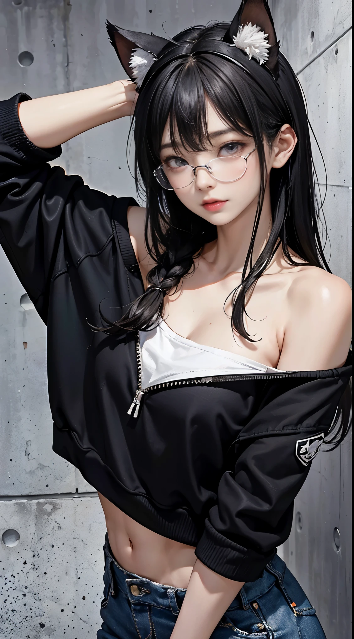 (((In 8K. HDR.Hyper-Realism、Masterpiece 1.4、wlop1.4、cinematic、detailed details、Live Photo 1.4, Best quality1.4、 Ultra Detailed 1.4、masterpiece:1.4、insanely detailed、Perfect Shading、Low Angle Full Body Shot 1.2、One photo、Commercial Photography 1.4、Solo Photography、)))、(odd eye)(((、wears glasses、Wear a hoodie with cat ears on your head、Gray hoodie、Black Leggings、canvas high top sneakers)))((( Standing backwards、Turning around、)))(((Unripe々Flesh、Body Photo、simple background、Gray background)))(((japanese woman, 18-year-old、Small face 1.4、plait、A dark-haired、5 finger body image 1.4)))、(small tits、small breasts、筋Fleshの腕と脚、Plump waist circumference、Skin details highlighting veins glistening with sweat、Detailed skin with visible pores、Reality, Detailed skin of downy hair, Real and Detailed Skin、extremely detailed and beautiful face、Beautiful well-proportioned face、Very pretty face、Darkened armpits、Detailed skin)