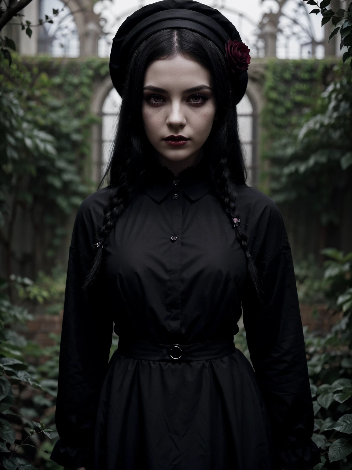 A girl with neo goth style, wearing a black dress and white collar, with a black hat and dark makeup on her face, standing in a mysterious garden surrounded by creeping vines. The garden is filled with dark purple flowers and has a Gothic architecture in the background. The girl's hair is black and styled in a long braid with a red rose pinned on the side. Her eyes are sharp and piercing, with heavy black eyeliner and long eyelashes. She has a pale complexion and dark red lips. The atmosphere is gloomy and eerie, with dim lighting casting long shadows. The artwork is created with a mix of digital illustration and photography, resulting in a masterful and high-resolution image. The colors are predominantly dark and muted, with hints of deep red and purple to create a sense of dark beauty. The overall style of the image is a blend of neo goth, horror, and portrait photography, creating a unique and captivating visual experience.