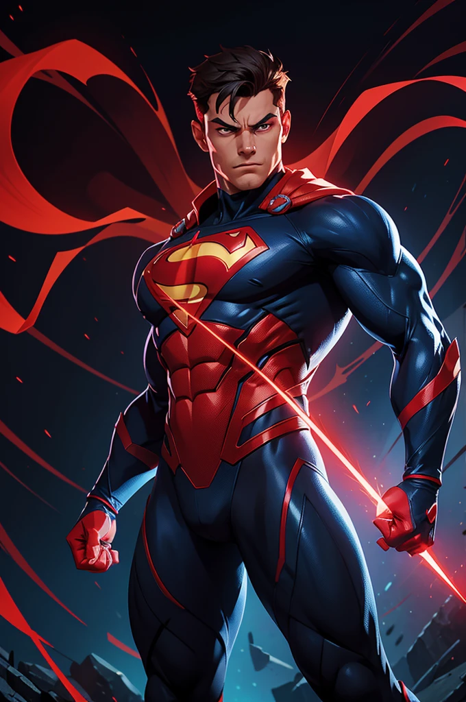 The image features a male superhero with a muscular build, clad in a suit that predominantly showcases blue and red hues. The superhero has red eyes, and the suit includes red detailing that can be seen on the collar and perhaps the shoulder straps. His pose is powerful, with arms crossed in a dramatic X shape, facing forward. Surrounding the figure is a radiant red aura possibly suggestive of electrical or energy-based powers. All of this is set against a pitch-black background, which enhances the striking presence of the character and adds to the overall intensity of the scene.