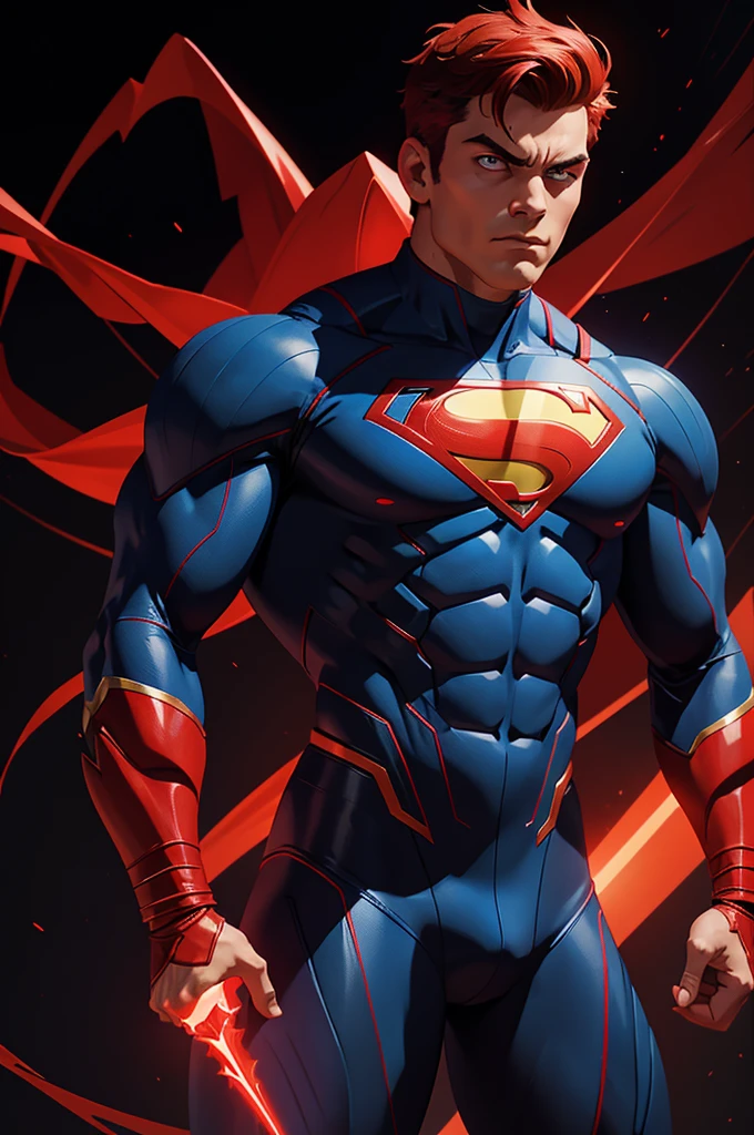 The image features a male superhero with a muscular build, clad in a suit that predominantly showcases blue and red hues. The superhero has red eyes, and the suit includes red detailing that can be seen on the collar and perhaps the shoulder straps. His pose is powerful, with arms crossed in a dramatic X shape, facing forward. Surrounding the figure is a radiant red aura possibly suggestive of electrical or energy-based powers. All of this is set against a pitch-black background, which enhances the striking presence of the character and adds to the overall intensity of the scene.