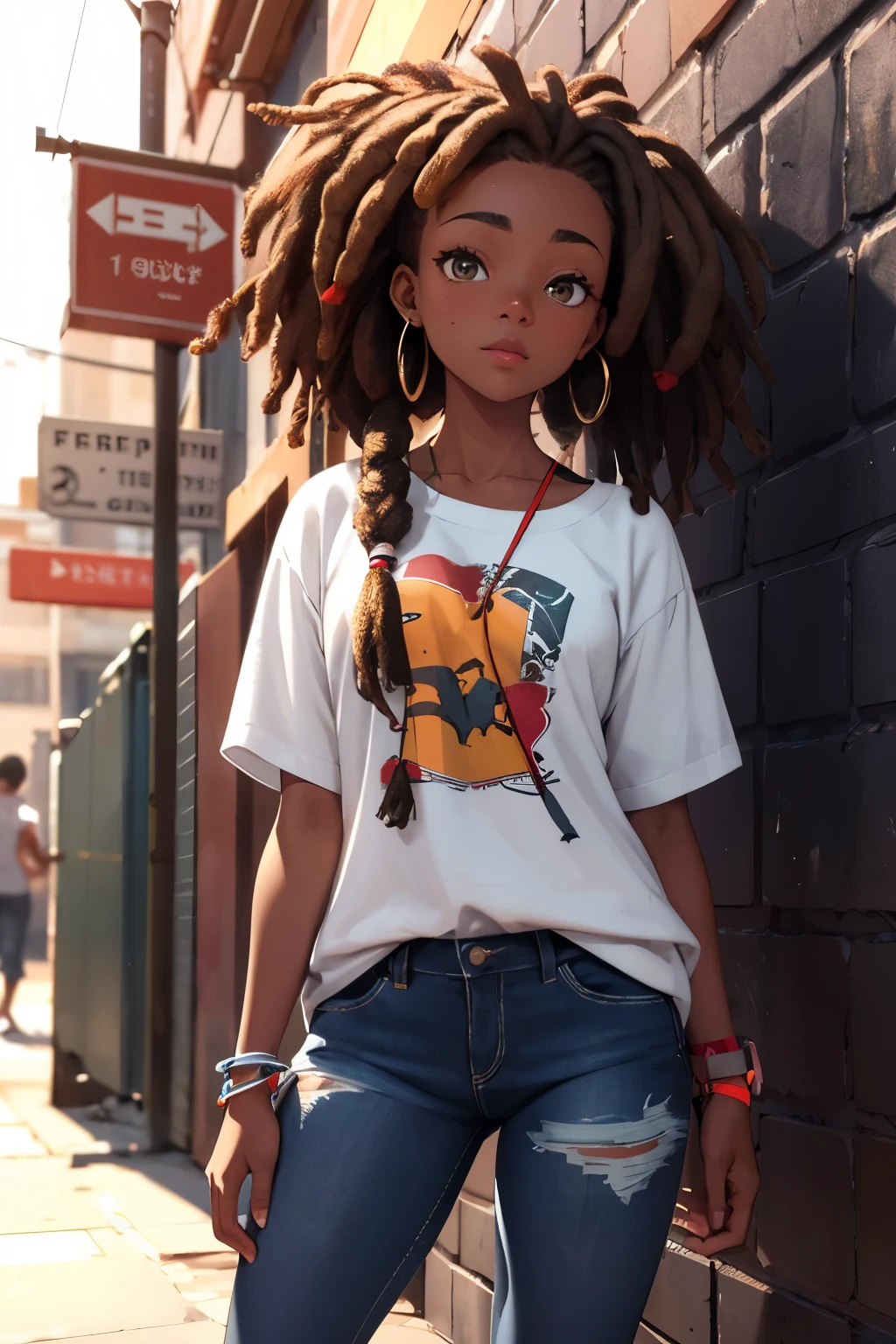 3D rendering of 1 year old girl (dark brown skin color) cute, afro-alpine, cute smile, ((eating bread)), ((chibi)) wearing T-shirt and jeans, current fashion, long hair tied up with accessories princess, ((accessories, earrings)), street background, rainy day, close-up, product view, detailed facial detail, perfect face, trend art, sharp facial detail, cgsociety, ultra high quality digital art, hyper detail exquisite, 4k, 8k soft lighting, dreamy, fashion, unreal engine rendering -