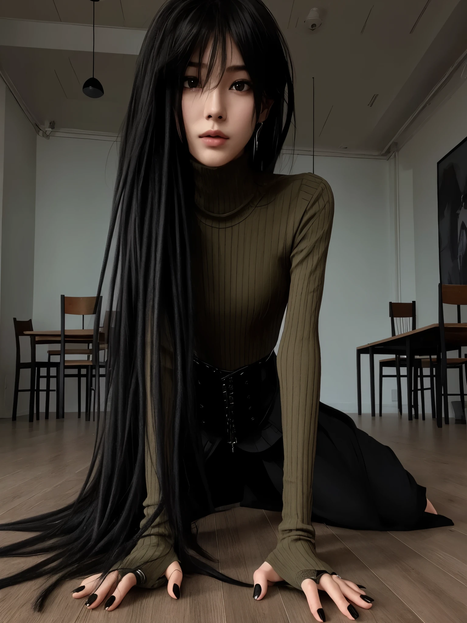 arafed woman with longs cheveux noirs sitting on the floor, cheveux longs corbeau, detailed longs cheveux noirs, longues griffes, with longs cheveux noirs, avec de longs cheveux noirs, cheveux longs et fluides de méduse, femme gothique, messy longs cheveux noirs, female with longs cheveux noirs, cheveux longs foncés, humanoïde androgyne attrayant, longs cheveux noirs, aux cheveux longs