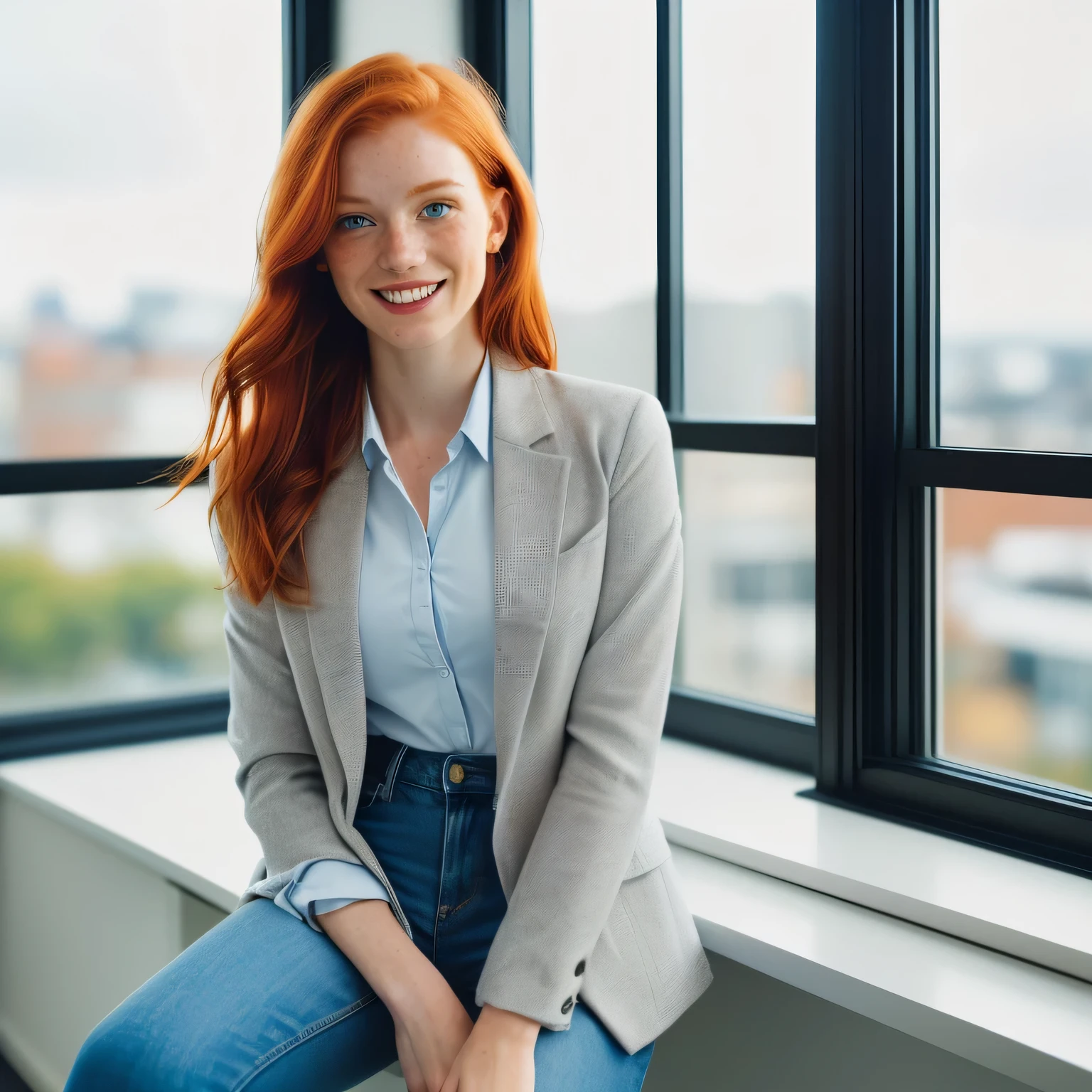 (1girl in, age 21, Solo, Aesthetic artwork, irish redhead, shoulder length ginger hair, light grey eyes, some small freckles, smiling, pale skin, B-cup, medium breasts, runners body, (textured skin, skin pores:1.1), (moles:0.8), imperfect skin, goosebumps, wearing blue buttoned shirt with cream blazer, light blue jeans, in a modern office, blury background, (action shot, sitting at modern window: 1.25), (extremely detailed 8k wallpaper), (hard lighting), high quality, film grain, Fujifilm XT3 sharp focus, f 5.6, 50mm, High Detail, Sharp focus, (natural light), crazy details, complex details, hyperdetailed