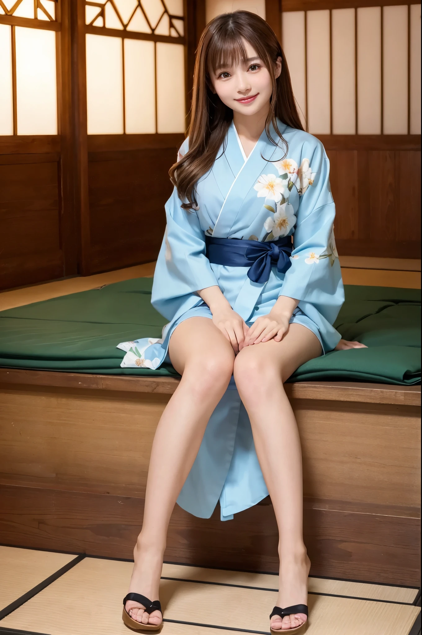 Pure Japanese young Yukata girl, outstanding body, wearing loose yukata, traditional makeup, natural hair styles, sitting, lift up skirt, spread wide legs, sweet smile, secret temptation, professional portrait photography, summer morning light, 