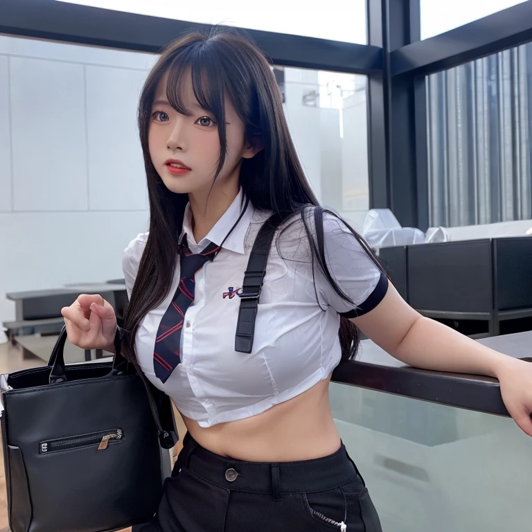 in a school, girl with, Frontal, Long Black Hair, Black short skirt, Bag, anger, foul-mouthed, super detailed, 4K