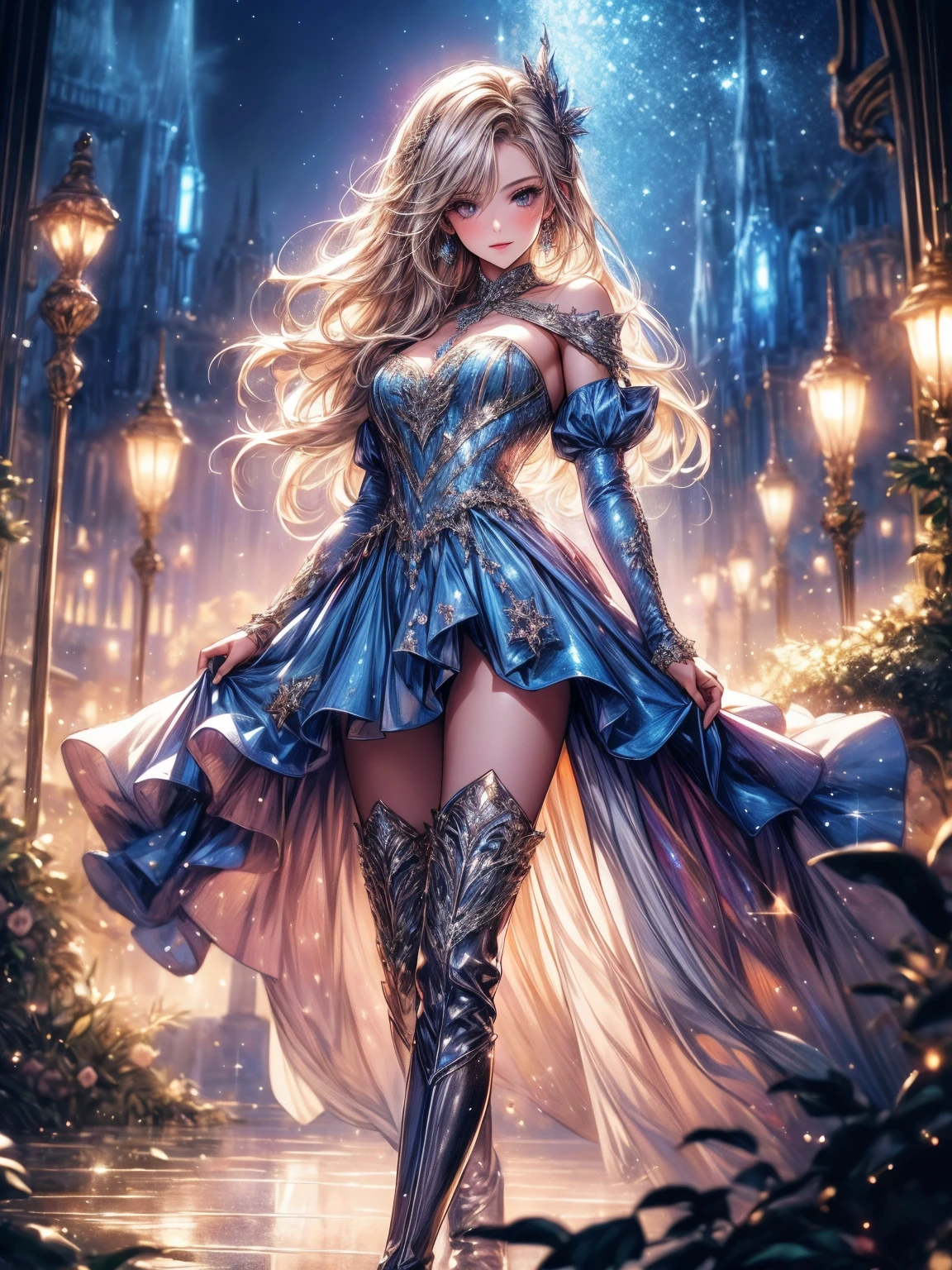 (best quality,highres),girl in a fantasy world,bathed in New Year glitter, wearing beautiful thigh high boots,with a touch of magic,sparkling with joy,enchanted landscape,colourful lights,adorning an elegant dress, surrounded by dreamy creatures,pure and radiant,Alice-in-Wonderland-like atmosphere.