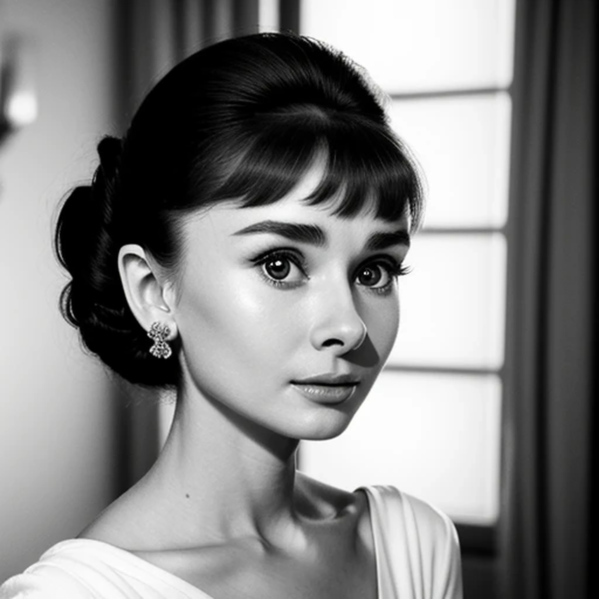 ((black and white filter)), Audrey Hepburn is a beautiful young actress who starred in the Roman Holiday film, focus on eyes, close up on face, short black hair styled cascading curls bun, Audrey Hepburn portrait photo of a beautiful young actress: (Audrey Hepburn is in the black and white Roman Holiday film), hotel room, Award - winning photograph, Masterpiece, 8k, ultra high res, hyper detailed, perfect flawless face, rule of thirds, Realistic Perfect eyes and pupils, Perfect full lips, highly detailed shining hair, ((detailed facial featureinely detailed skin), realistic skin texture, intricate details, photorealism, hyperrealism, ultra realistic, lifelike textures, neutral colors, cinematic lighting, dramatic lighting, backlight on hair, sharp focus, wide angle, film grain, dslr, raw photo,