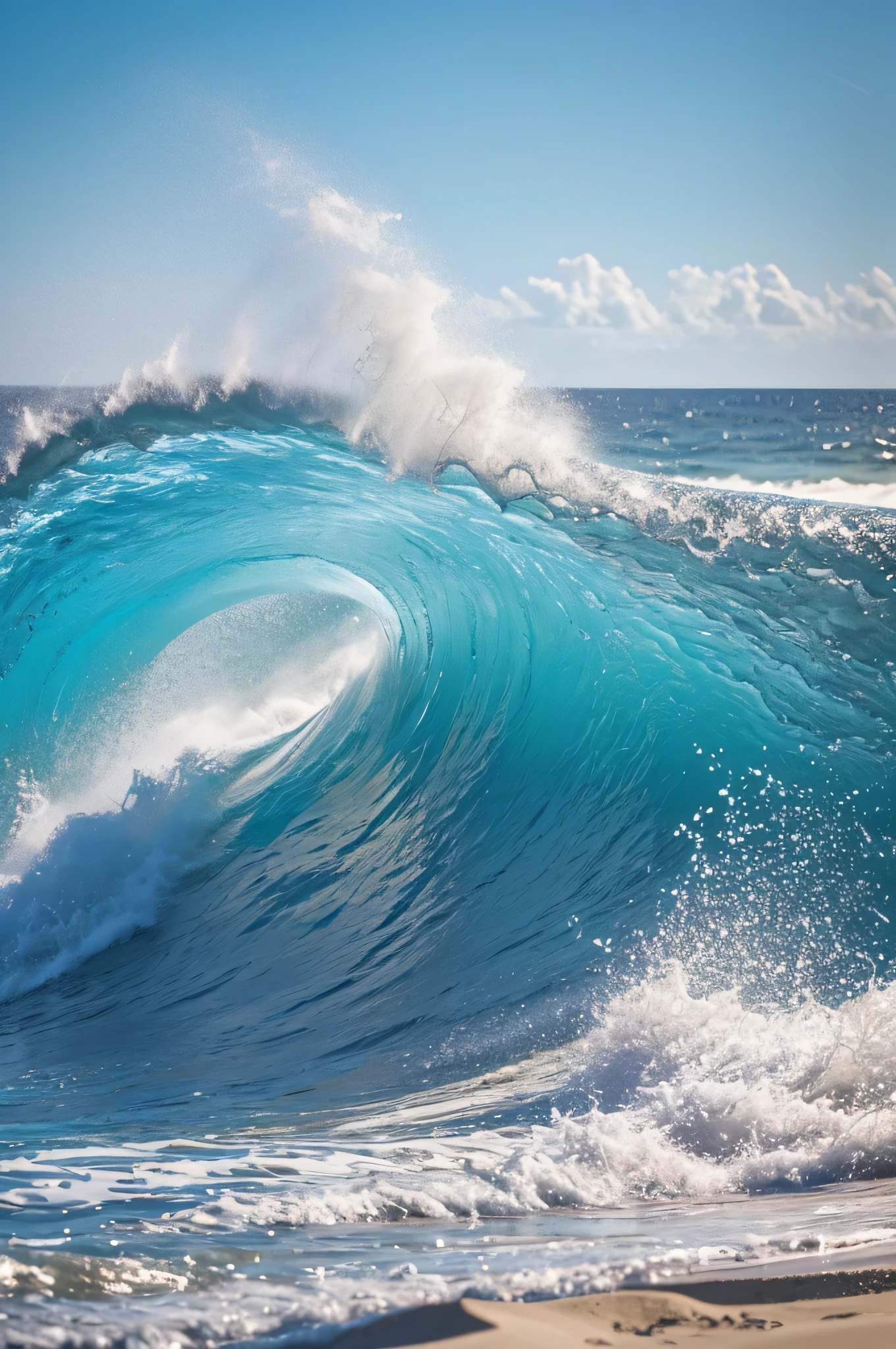 best quality, high_resolution, distinct_image, detailed background , generate some image of the ocean wave hitting the sand