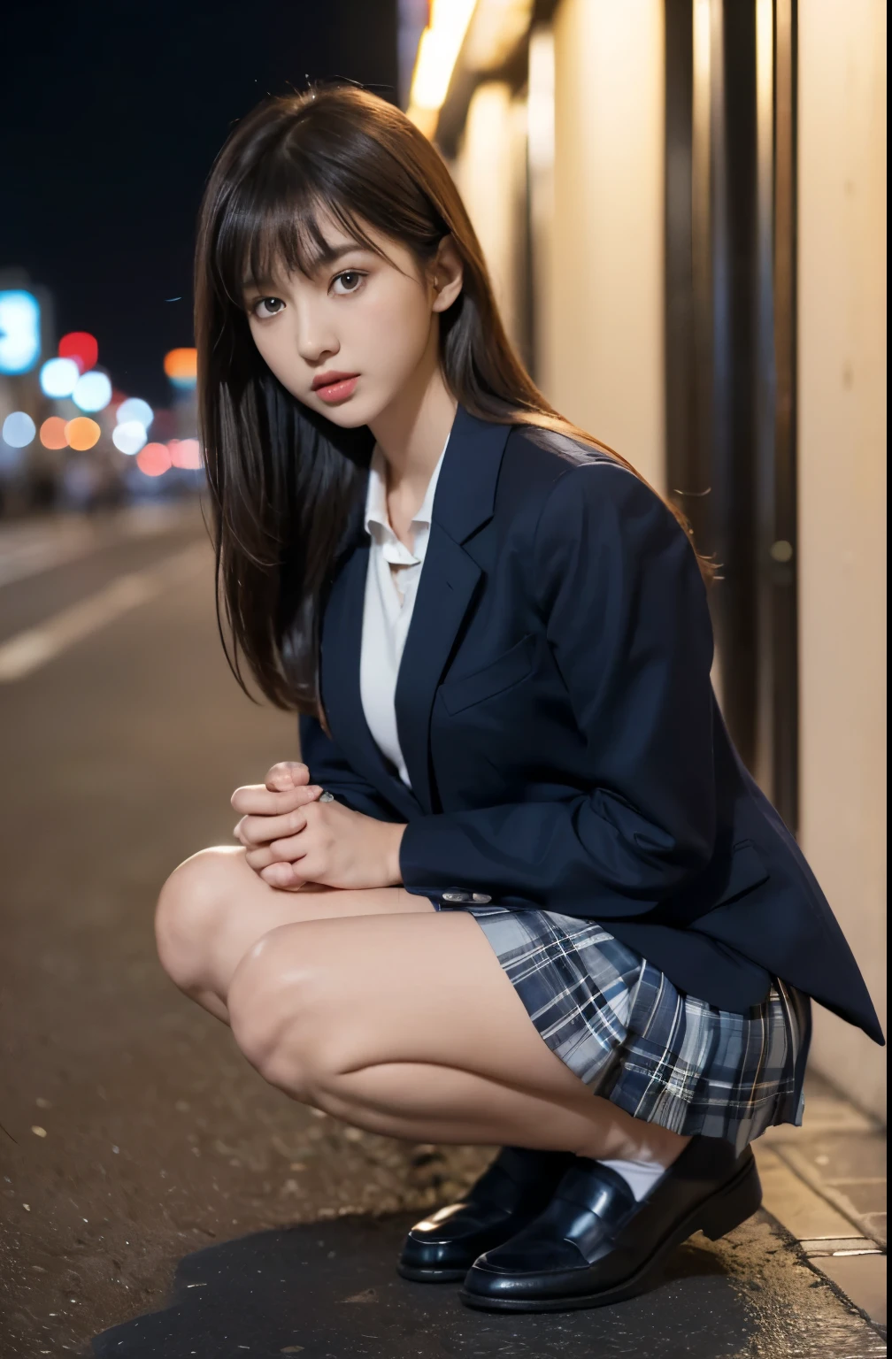(Realistic depiction of eyes:1.3), ((1 Girl, 1 high school girl)), The background is a room in a luxury hotel、 uniform、blazer 、Super Short Check Uniform Skirt、Navy blue knee-high socks、garter belt、Huge 、Disheveled uniform, Short Bob Hair, Black hair color, Hugeな胸, Big Natural Color Lip, Bold sexy pose, (Perfect figure), Crying a little、Cold Stare,  Harajuku Style、Beautiful Makeup,Glitter makeup,The cutest 18 year old, Beautiful legs, Burning idol pose, Voluptuous thighs、BREAK ceremony,((Random sexy poses、put in、Deep joy, Ecstatic eyes:1.2)), ((I gasp hard:1.2))、Ecstatic face、Climax expression, Through clenched teeth、My whole body is convulsing、Official Art，非常に詳細な CG Unity 8K 壁紙, (masterpiece:1.0),(Highest quality:1.0), photo shoot, 8K, Browsing Caution, High resolution, Kodak Portrait 400, Film Grain, Lens flare brilliance,Very low camera angle, View your viewers