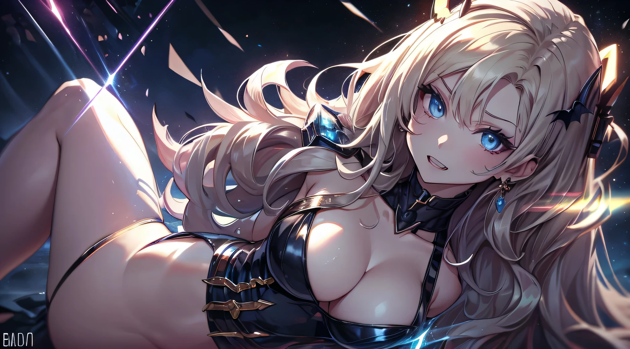 Top quality、The highest image quality、masutepiece、age girl((18-year-old、 by becoming、vest bust、medium bust,wide open breast tea、golden eyes, blonde milf、poneyTail、thin,highest valley、black vampire skirt、vampire makeup、Black wings、white powder makeup、red nail polish、gothic lolihion、vampire teeth、black underwear、claw pose、please open your mouth wide、spinning pose、please hold the mic、Stooping posture、bat hair ornament)),high quality、beautiful art、Background with((night live house、red laser light、blue laser light、random laser points、Virtual space、golden laser beam、purple laser light)),masutepiece、Depth of written boundary、movie、visual art、perfect art、