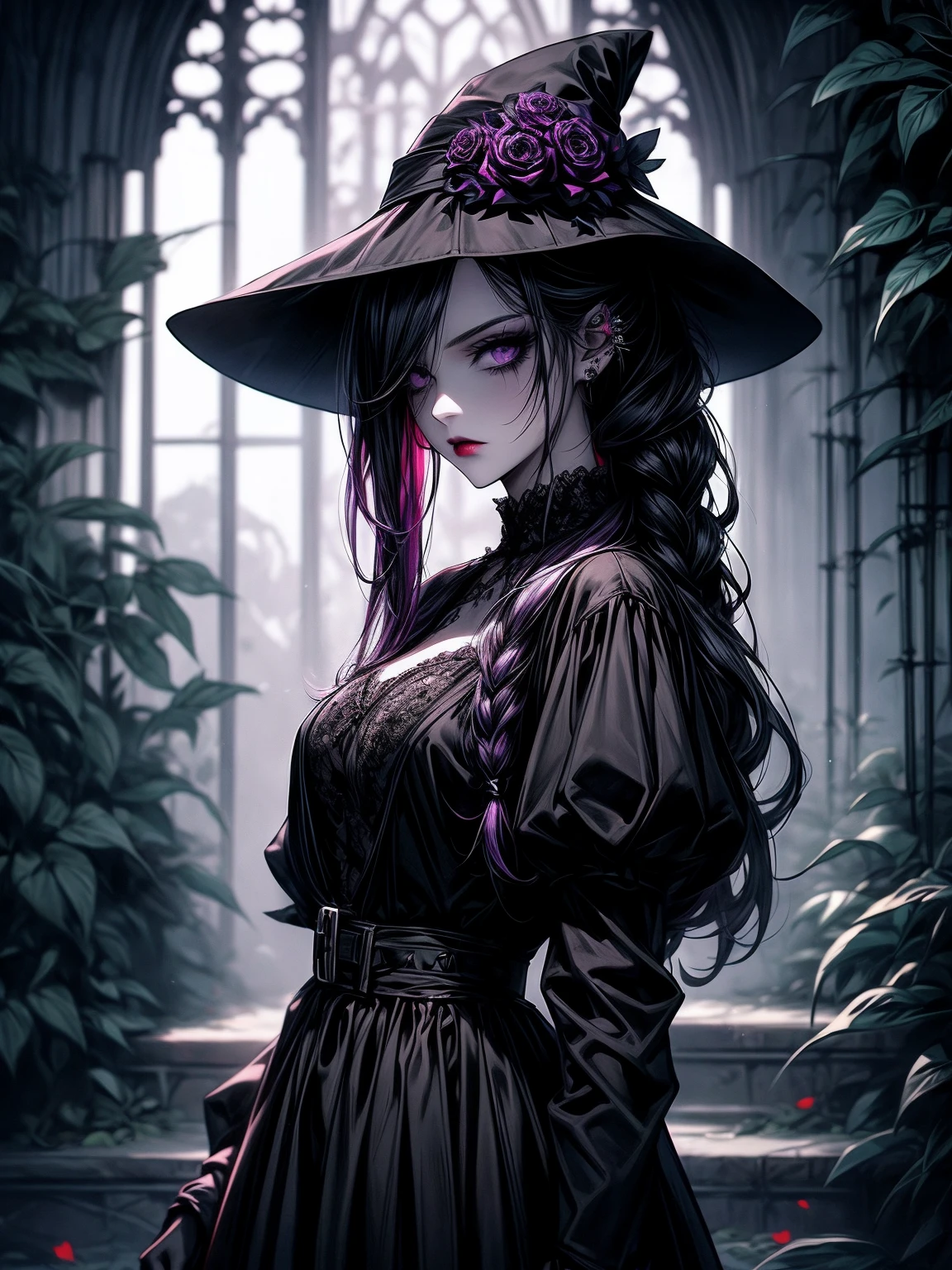 A girl with neo goth style, wearing a black dress and white collar, with a black hat and dark makeup on her face, standing in a mysterious garden surrounded by creeping vines. The garden is filled with dark purple flowers and has a Gothic architecture in the background. The girl's hair is black and styled in a long braid with a red rose pinned on the side. Her eyes are sharp and piercing, with heavy black eyeliner and long eyelashes. She has a pale complexion and dark red lips. The atmosphere is gloomy and eerie, with dim lighting casting long shadows. The artwork is created with a mix of digital illustration and photography, resulting in a masterful and high-resolution image. The colors are predominantly dark and muted, with hints of deep red and purple to create a sense of dark beauty. The overall style of the image is a blend of neo goth, horror, and portrait photography, creating a unique and captivating visual experience.
