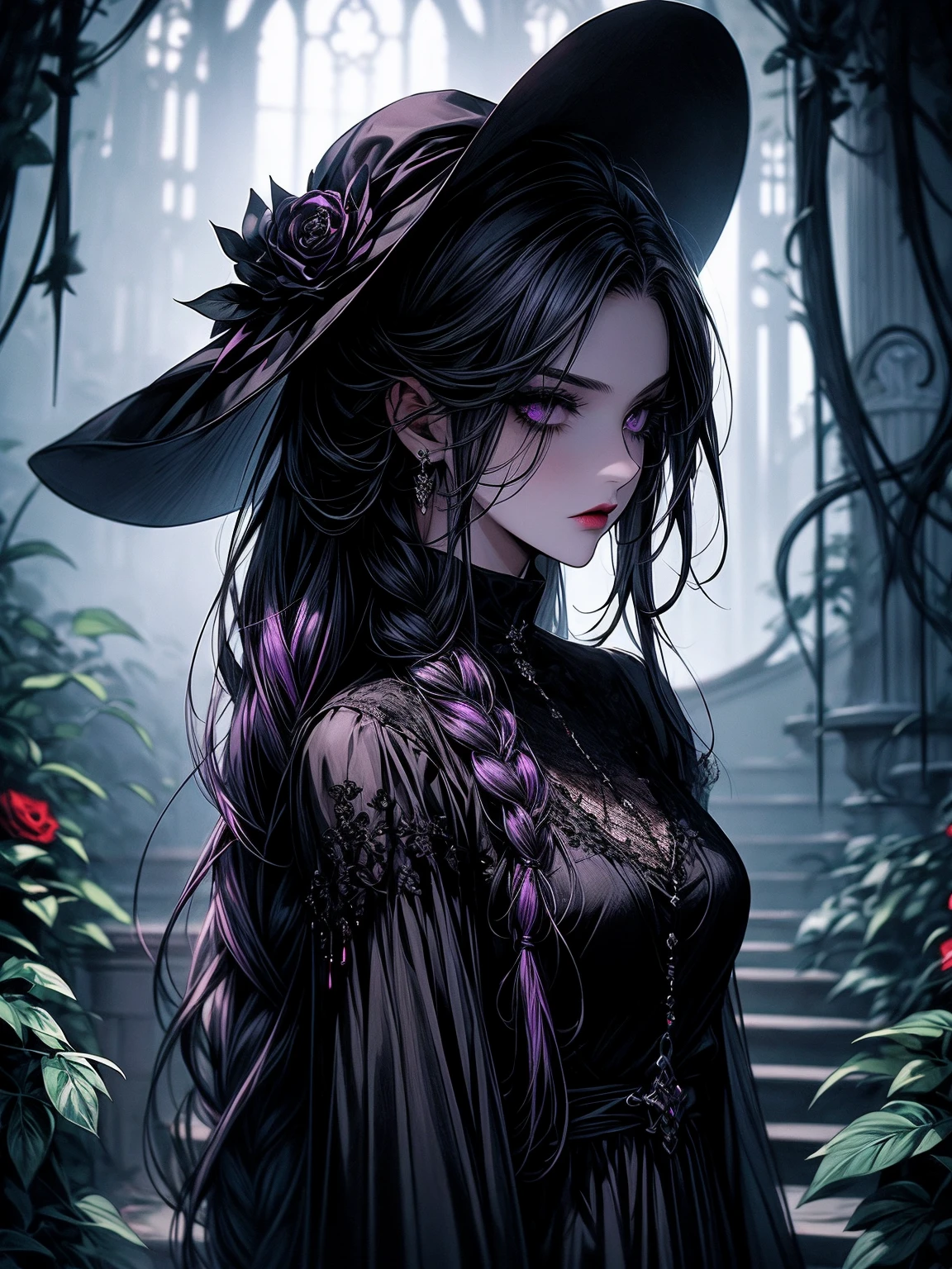 A girl with neo goth style, wearing a black dress and white collar, with a black hat and dark makeup on her face, standing in a mysterious garden surrounded by creeping vines. The garden is filled with dark purple flowers and has a Gothic architecture in the background. The girl's hair is black and styled in a long braid with a red rose pinned on the side. Her eyes are sharp and piercing, with heavy black eyeliner and long eyelashes. She has a pale complexion and dark red lips. The atmosphere is gloomy and eerie, with dim lighting casting long shadows. The artwork is created with a mix of digital illustration and photography, resulting in a masterful and high-resolution image. The colors are predominantly dark and muted, with hints of deep red and purple to create a sense of dark beauty. The overall style of the image is a blend of neo goth, horror, and portrait photography, creating a unique and captivating visual experience.