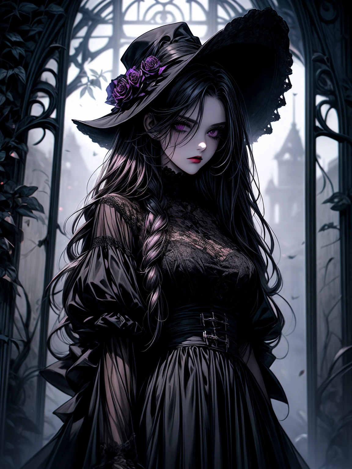 A girl with neo goth style, wearing a black dress and white collar, with a black hat and dark makeup on her face, standing in a mysterious garden surrounded by creeping vines. The garden is filled with dark purple flowers and has a Gothic architecture in the background. The girl's hair is black and styled in a long braid with a red rose pinned on the side. Her eyes are sharp and piercing, with heavy black eyeliner and long eyelashes. She has a pale complexion and dark red lips. The atmosphere is gloomy and eerie, with dim lighting casting long shadows. The artwork is created with a mix of digital illustration and photography, resulting in a masterful and high-resolution image. The colors are predominantly dark and muted, with hints of deep red and purple to create a sense of dark beauty. The overall style of the image is a blend of neo goth, horror, and portrait photography, creating a unique and captivating visual experience.