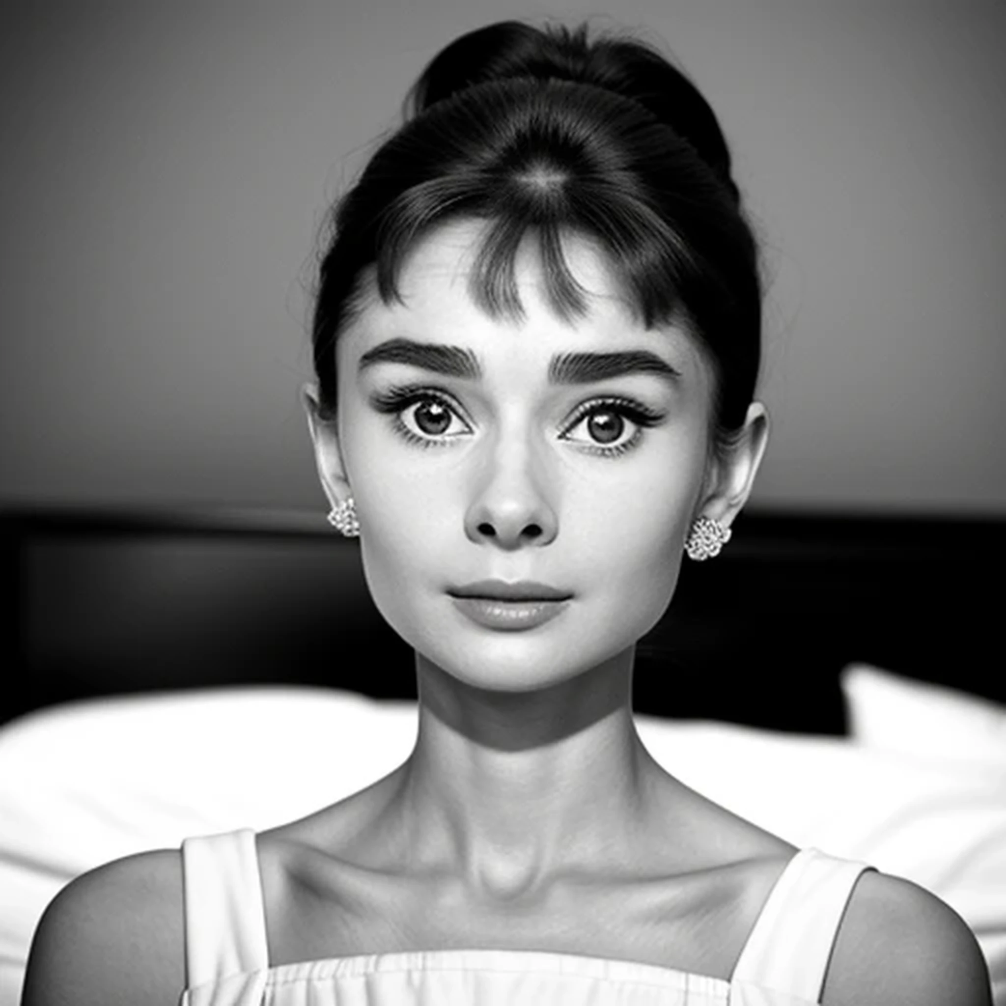((black and white filter)), Audrey Hepburn is a beautiful young actress who starred in the Roman Holiday film, focus on eyes, close up on face, short black hair styled cascading curls bun, Audrey Hepburn portrait photo of a beautiful young actress: (Audrey Hepburn is in the black and white Roman Holiday film), hotel room, Award - winning photograph, Masterpiece, 8k, ultra high res, hyper detailed, perfect flawless face, rule of thirds, Realistic Perfect eyes and pupils, Perfect full lips, highly detailed shining hair, ((detailed facial featureinely detailed skin), realistic skin texture, intricate details, photorealism, hyperrealism, ultra realistic, lifelike textures, neutral colors, cinematic lighting, dramatic lighting, backlight on hair, sharp focus, wide angle, film grain, dslr, raw photo,