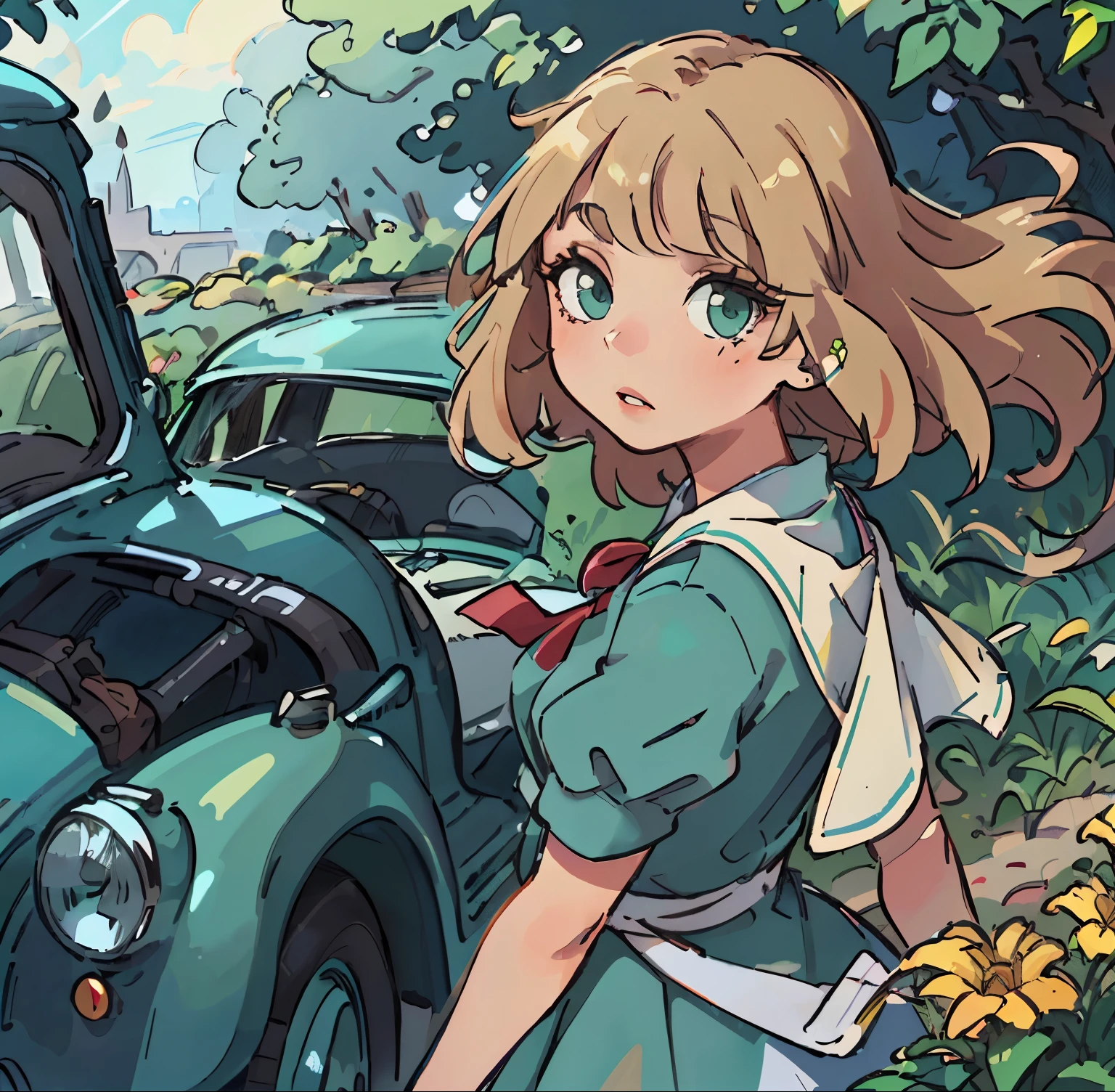 (best quality,4k,8k,highres,masterpiece:1.2),ultra-detailed:(hair,skin details),realistic:1.37,a girl standing next to a Peugeot 203i,beautiful detailed eyes,beautiful detailed lips,extremely detailed eyes and face,long eyelashes,graceful posture,shiny hair blowing in the wind,girl wearing a vintage dress,vibrant colors,soft lighting,classic vintage car,mirror-like glossy car paint,shadows adding depth to the scene,green grass and flowers in the background,gentle breeze rustling the leaves,magical atmosphere,portraits