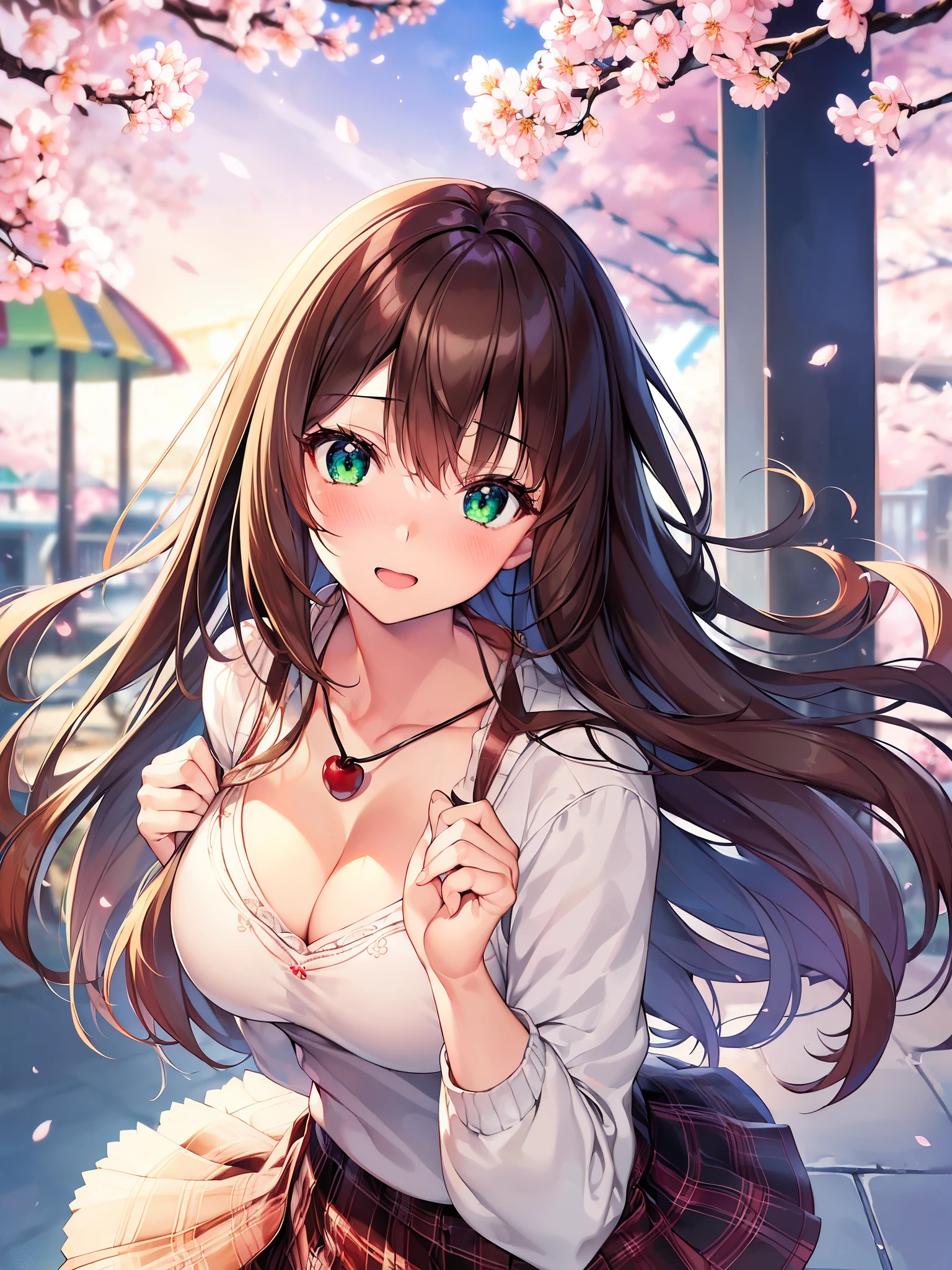 ((masutepiece, best quality, hight resolution, ticker, Perfect Pixel, Depth of the bounds written, In 4K, ticker, ticker))), 1girl in, Single shot, solo, Beautiful anime girl, beautiful art style, Anime Character, ((long hair, bangs, Brown hair)), ((green eyes:1.4, rounded eyes, Beautiful eyelashes, Realistic eyes)), ((Detailed face, red face:1.2)), ((Smooth texture:0.75, Realistic texture:0.65, Photorealistic:1.1, Anime CG style)), ((cleavage, big breasts)), dynamic angle, Perfect body, ((POV, dynamic pose, Portrait)), ((White sweater, Long sleeve, Black skirt, plaid skirts, Fashionable, 1 handbag, 1 Diamond Necklace, Visible bra:0.95)), shy smile, open mouth, amusement park, ((Cherry tree, Cherry blossoms fall))