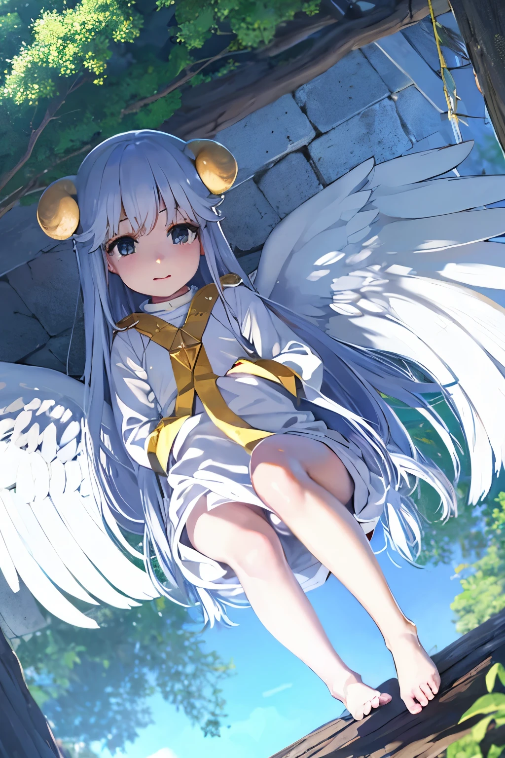 Cabello largo plateado, ojos verdes, petite, monja, white clothes, wings, ram horns, sonrisa, muslos hermosos, forest