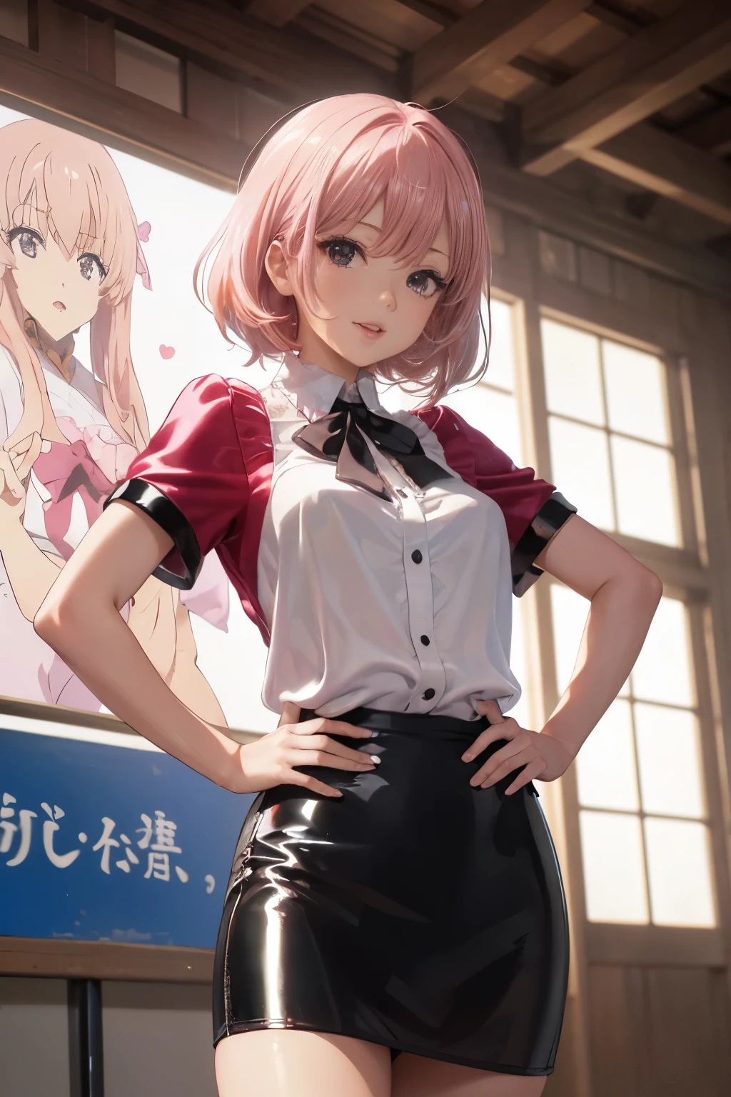 ((The costume has a metallic shine)), NSFW, ((Anatomically correct hand:1.5)), Anime, Sexy, ((In Kyoto Animation Style:1.5)), super precision, masterpiece, very extremely beautiful, Princess Face, ((1人の女性)), ((solo:1.5)), ((pink hair:1.5)), ((BobKat 1.5)), BREAK is, ((black eyes)), shortcut, ((Straight hair)), BREAK is, complete limbs, ((full finger:1.5)), ((silk blouse:1.5)), BREAK is, ((black shiny pencil skirt:1.5)), BREAK is, ((skin dentation)), professional lighting, (25 years old), narrow waist, shiny skin (brown skin), ((Skin that looks pretty shiny after applying oil)), glowing skin, Looking at viewer, cowboy shot, ((dynamic pose:1.5)), Looking at the camera, Sexy, A slight smil, Slightly open mouth, Ultra-fine eyes, Ultra-fine face, ((thin lips:1.5)), Sexy, ((My eyes are droopy)), A slight smil, Sexy, ((Portrait:1.5)), Sexy, Looking at the camera, is standing, latex, ((arms on hips:1.5)),