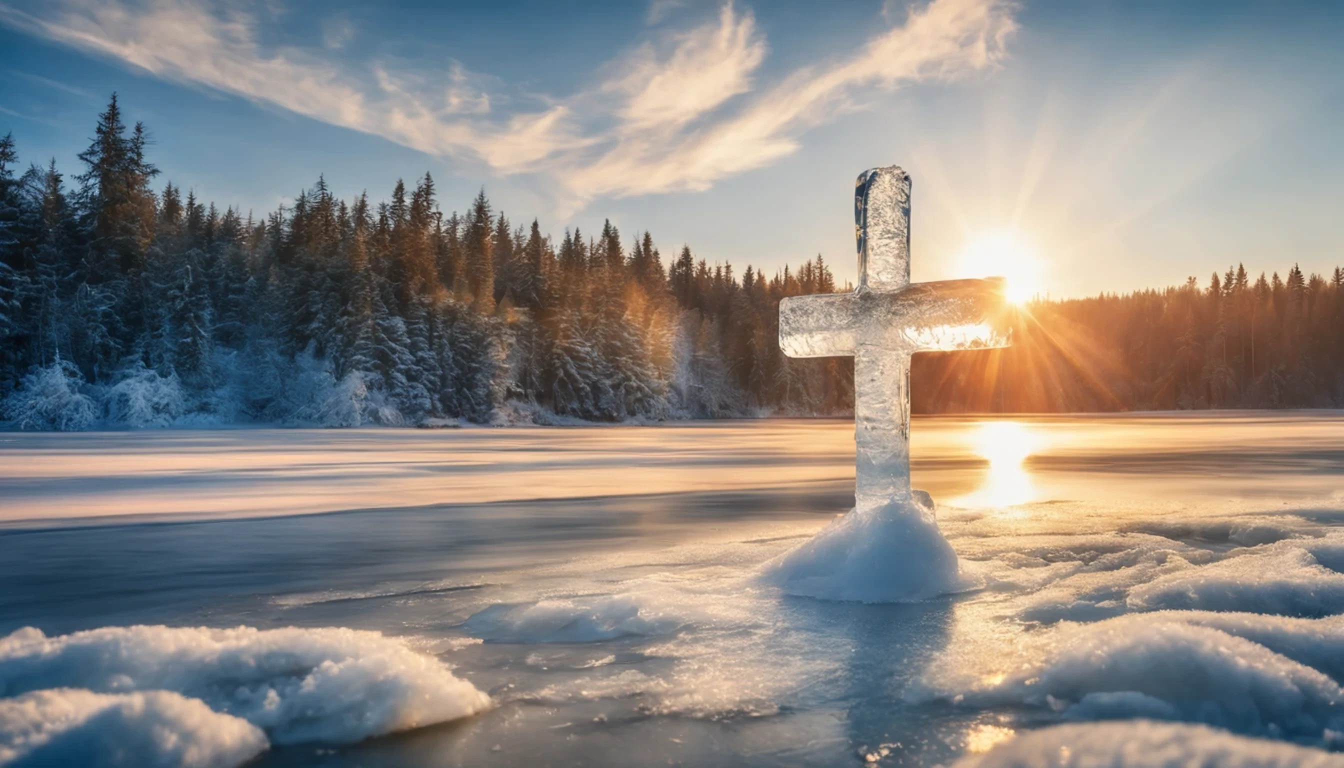 winter,  , a cross made of ice of a simple chopped form has an absolutely smooth surface with right angles and stands on the shore,  the big lake is covered with ice, and a beautiful forest,
 sunny day, cinematic light, masterprice, Pinterest photo, 16k, masterpiece, realistic, Vibrant colors, ,more detail XL