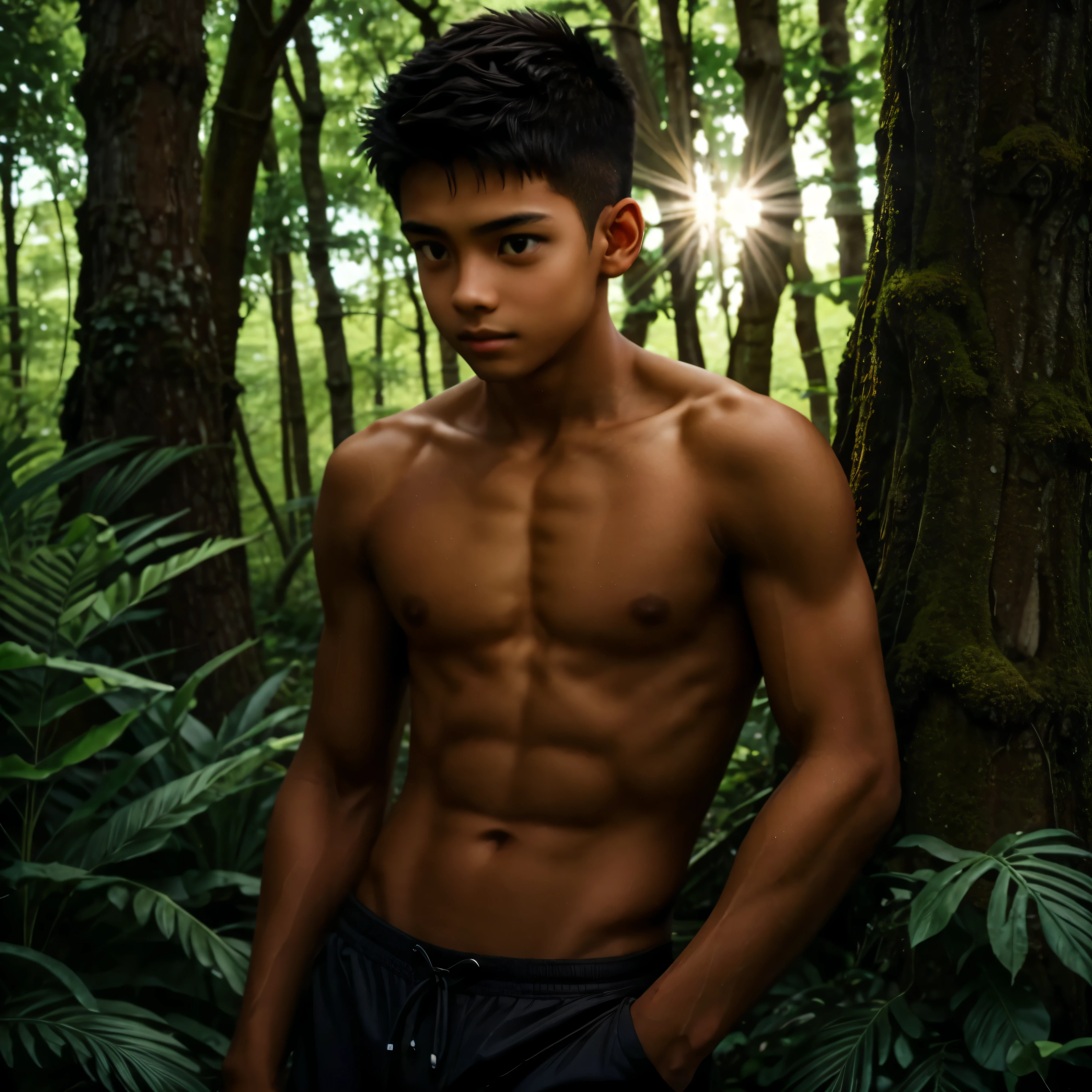 de 16 anon skin, defined abdomen, um pouco de corpo sujo, leaning against a tree in the middle of the forest, young man, Corpo Perfeito, beautiful boy with Brown skin, olhos castanhos, molhado, alone in the middle of the forest with my back against a tree, forest scenario, Sombras, beams of light through the leaves, olhando para o espectador