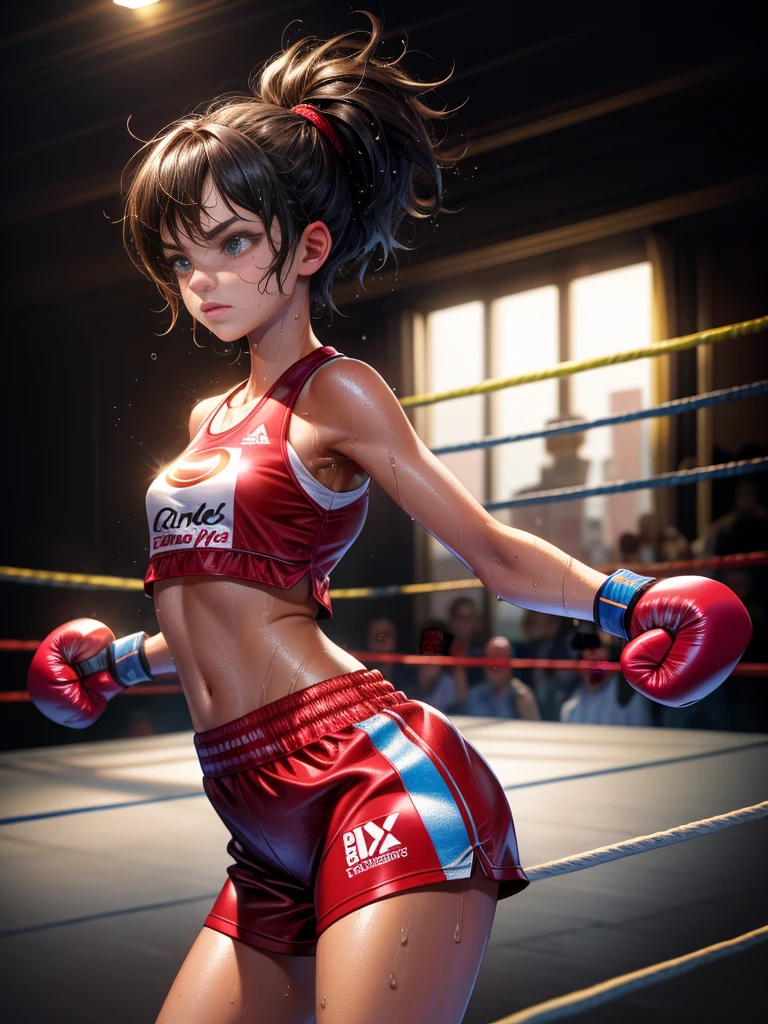 ,((table top)),((high resolution)), dramatic lighting, sharp focus, 16K UHD,
surreal illustration,1beautiful girl,boxing uniform,teenage girl,symmetrical large eyes,small head,Short hair,slim body,wet skin sweat,good legs,At the boxing ring,alone,from the side