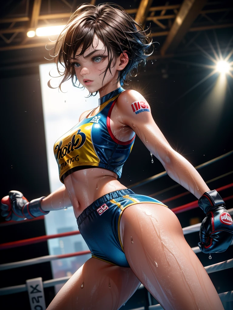 ,((table top)),((high resolution)), dramatic lighting, sharp focus, 16K UHD,
surreal illustration,1beautiful girl,boxing uniform,age girl,symmetrical large eyes,small head,Short hair,slim body,wet skin sweat,good legs,At the boxing ring,alone,from the side