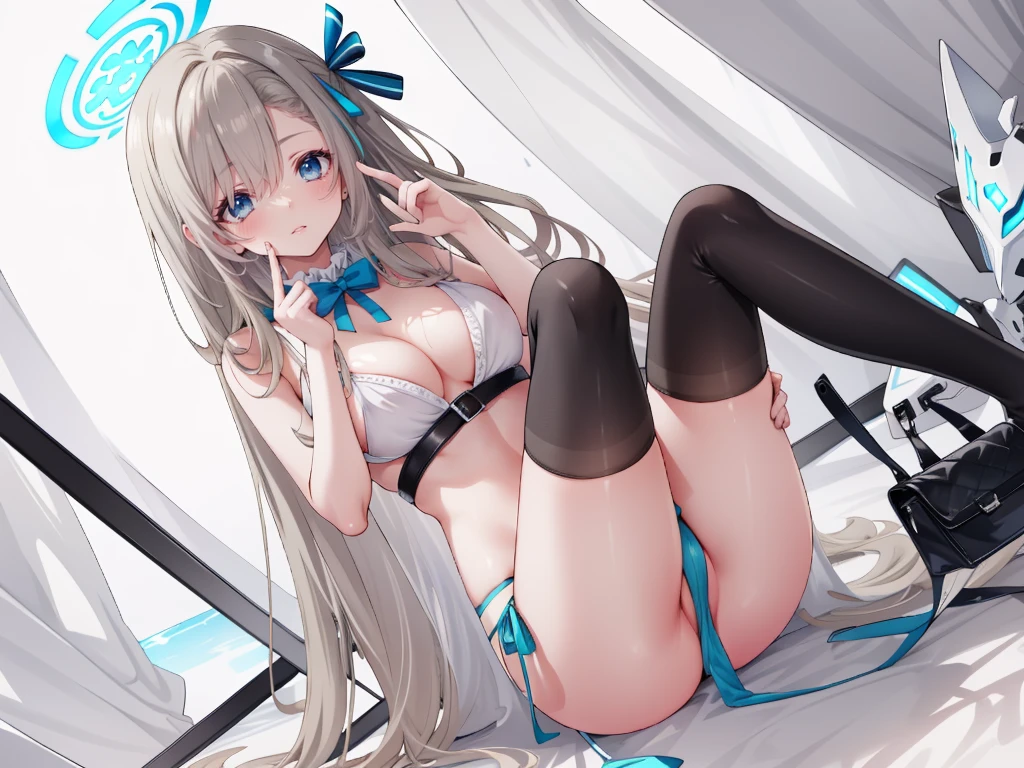 (high resolution), (The best resources), (high quality), (tmasterpiece), 1 plump girl, Asuna, blue eyes, Long gray hair, halo, hair covering one eye, Very long hair, light brown hair, (, Cracked Contrast Glue High Socks, Red latex stockings, praying hands logo, looking at the audience, 8K HD RTX, Delicate finger detailing,Obscenity exposed,slimfigure,