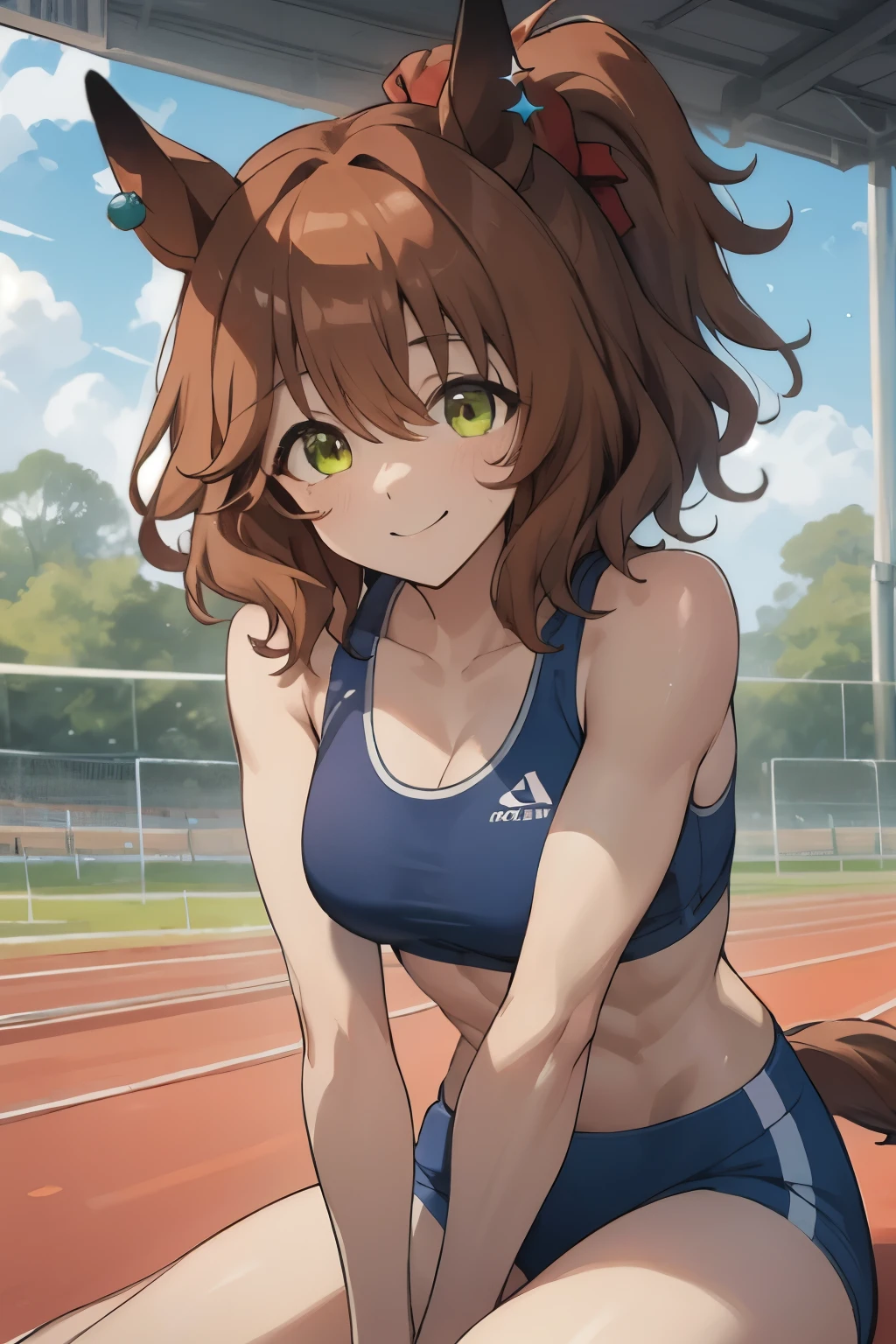 aston machan\(umamusume\), masterpiece, best quality, ((ultra-detailed face)), symmetrical face, beautiful face, muscle, slender, abs, sports bra, horse tail, smile, athletics track, large tits, hand between legs